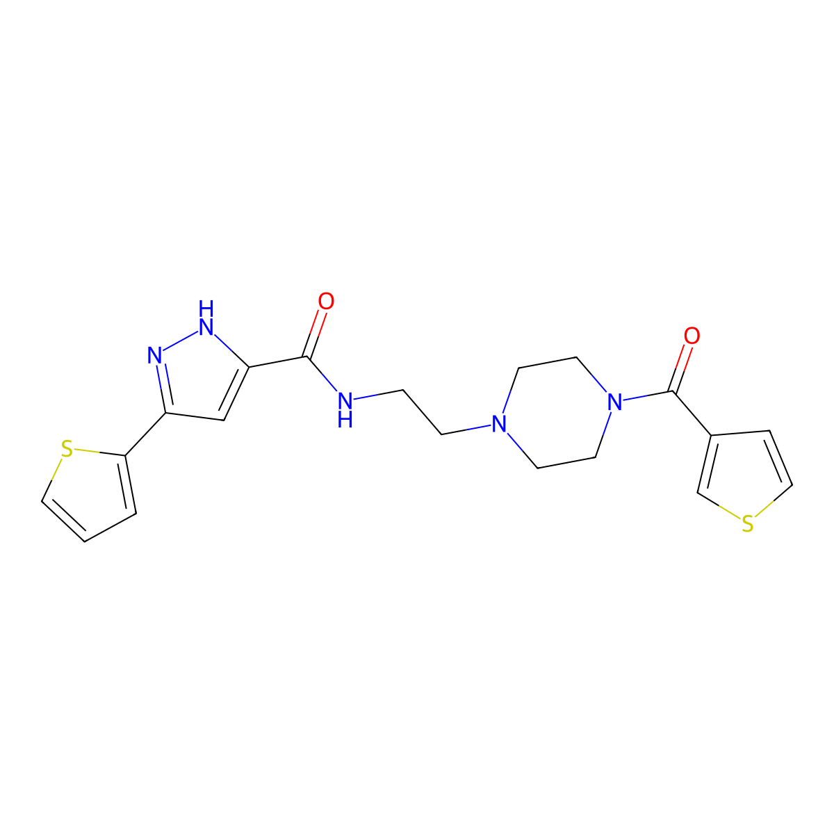3-(thiophen-2-yl)-N-{2-[4-(thiophene-3-carbonyl)piperazin-1-yl]ethyl}-1H-pyrazole-5-carboxamide molecular structure, CAS 1297613-00-3