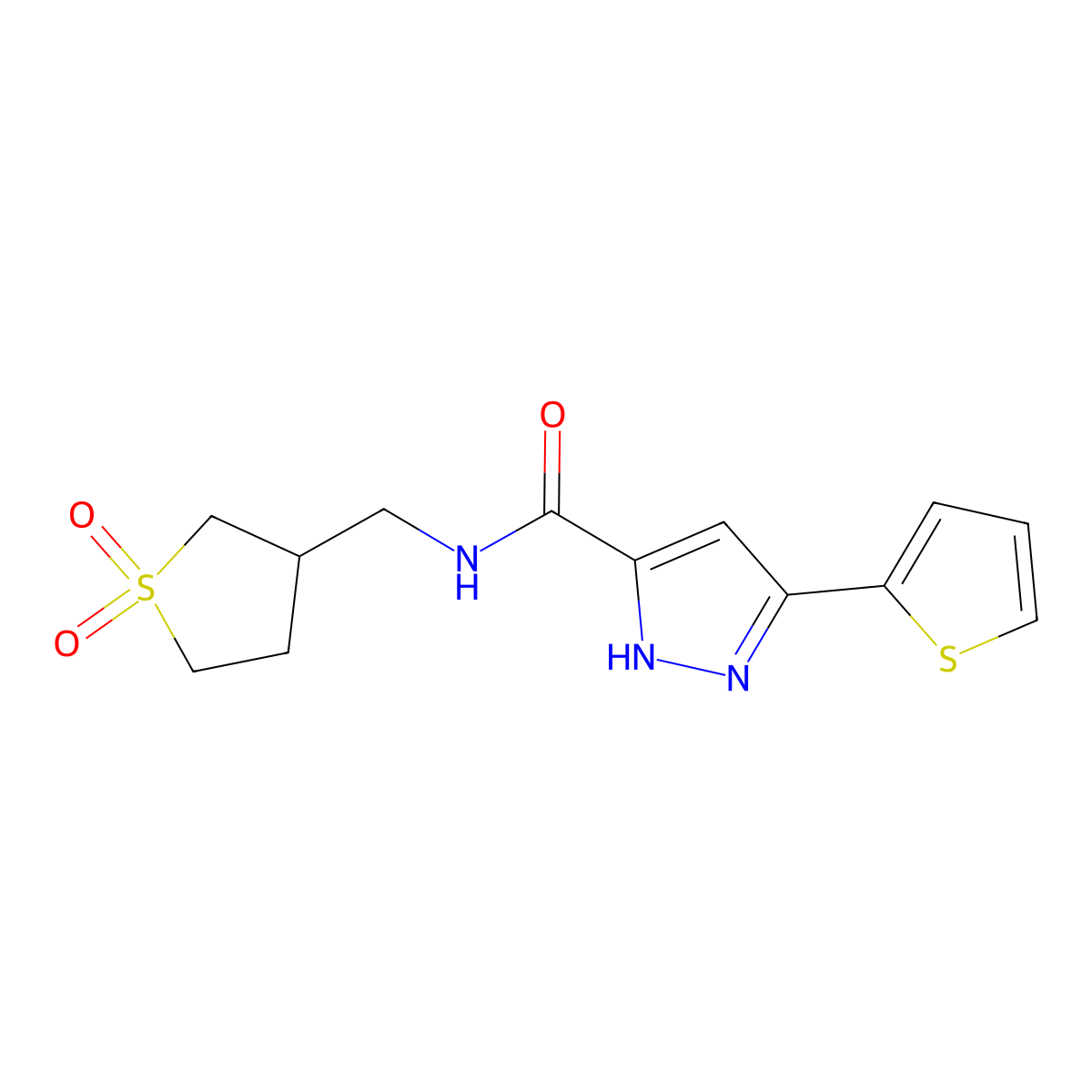 N-((1,1-dioxidotetrahydrothiophen-3-yl)methyl)-3-(thiophen-2-yl)-1H-pyrazole-5-carboxamide molecular structure, CAS 1297613-01-4