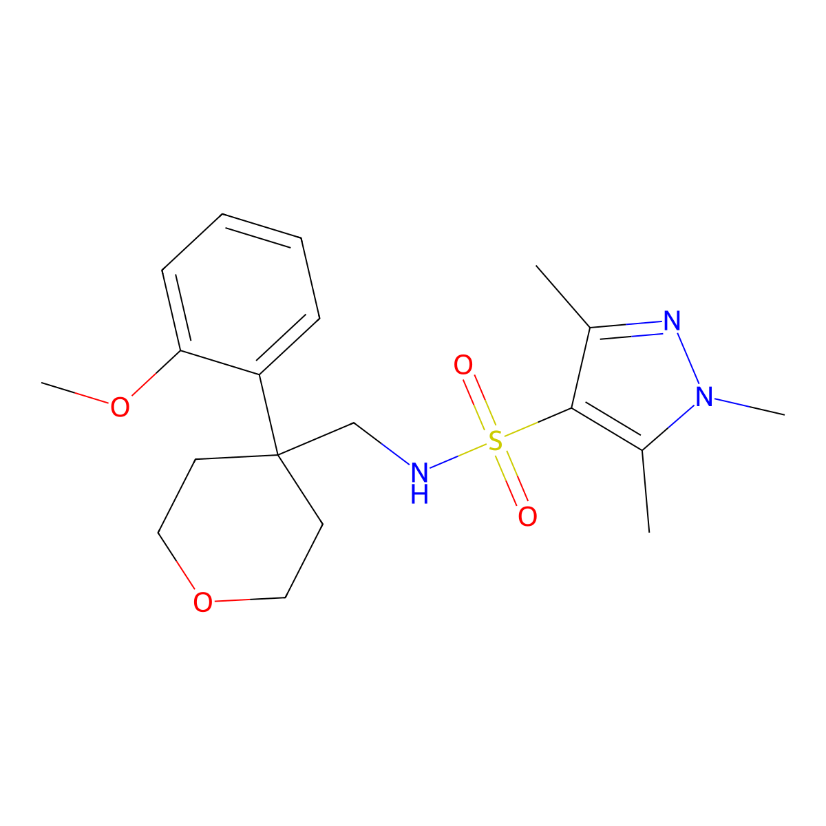 N-((4-(2-methoxyphenyl)tetrahydro-2H-pyran-4-yl)methyl)-1,3,5-trimethyl-1H-pyrazole-4-sulfonamide molecular structure, CAS 1298020-77-5