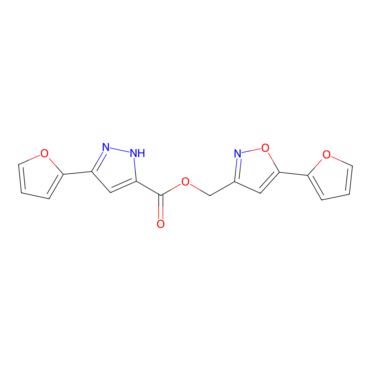 (5-(furan-2-yl)isoxazol-3-yl)methyl 3-(furan-2-yl)-1H-pyrazole-5-carboxylate molecular structure, CAS 1298024-26-6