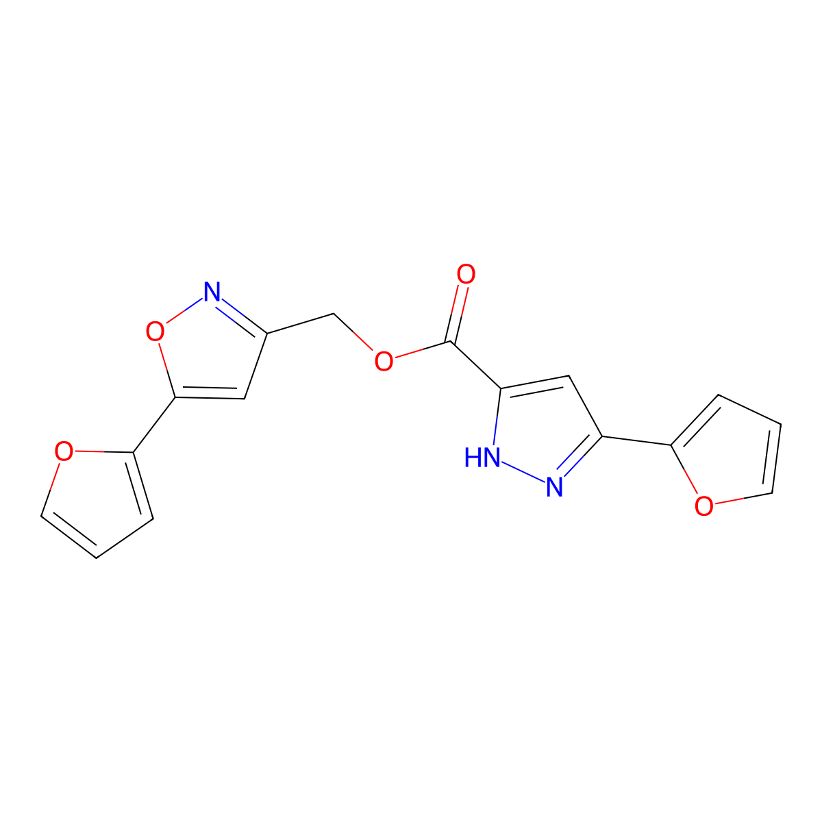 (5-(furan-2-yl)isoxazol-3-yl)methyl 3-(furan-2-yl)-1H-pyrazole-5-carboxylate molecular structure, CAS 1298024-26-6
