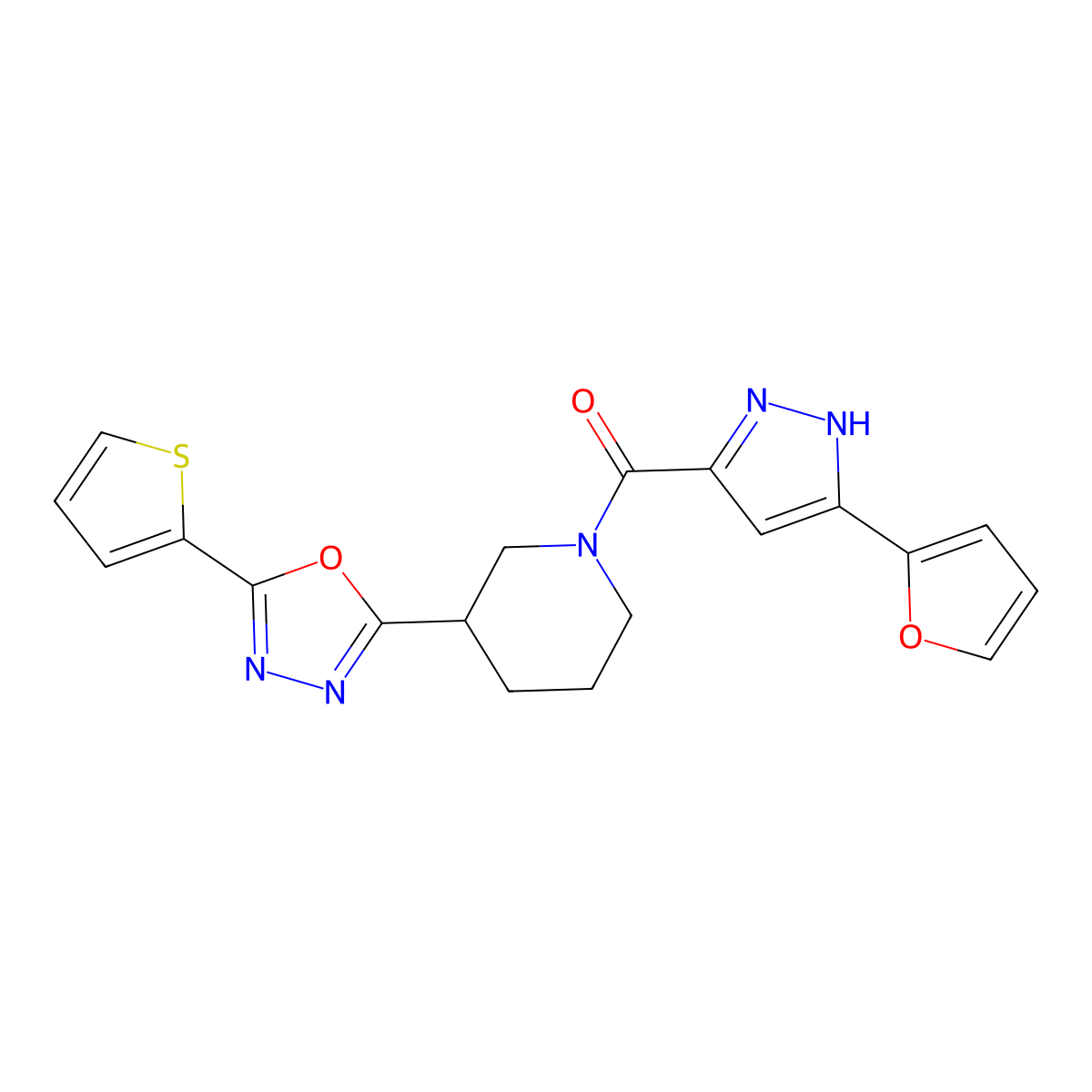 (3-(furan-2-yl)-1H-pyrazol-5-yl)(3-(5-(thiophen-2-yl)-1,3,4-oxadiazol-2-yl)piperidin-1-yl)methanone molecular structure, CAS 1298032-61-7