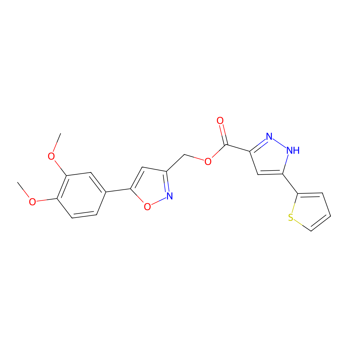 (5-(3,4-dimethoxyphenyl)isoxazol-3-yl)methyl 3-(thiophen-2-yl)-1H-pyrazole-5-carboxylate molecular structure, CAS 1298036-06-2