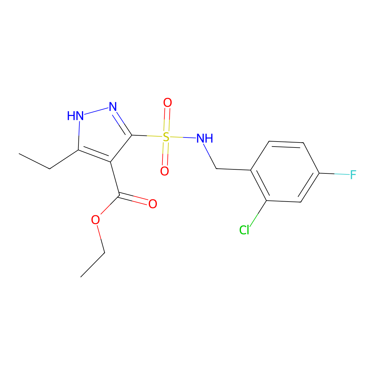 ethyl 5-(N-(2-chloro-4-fluorobenzyl)sulfamoyl)-3-ethyl-1H-pyrazole-4-carboxylate molecular structure, CAS 1298036-32-4