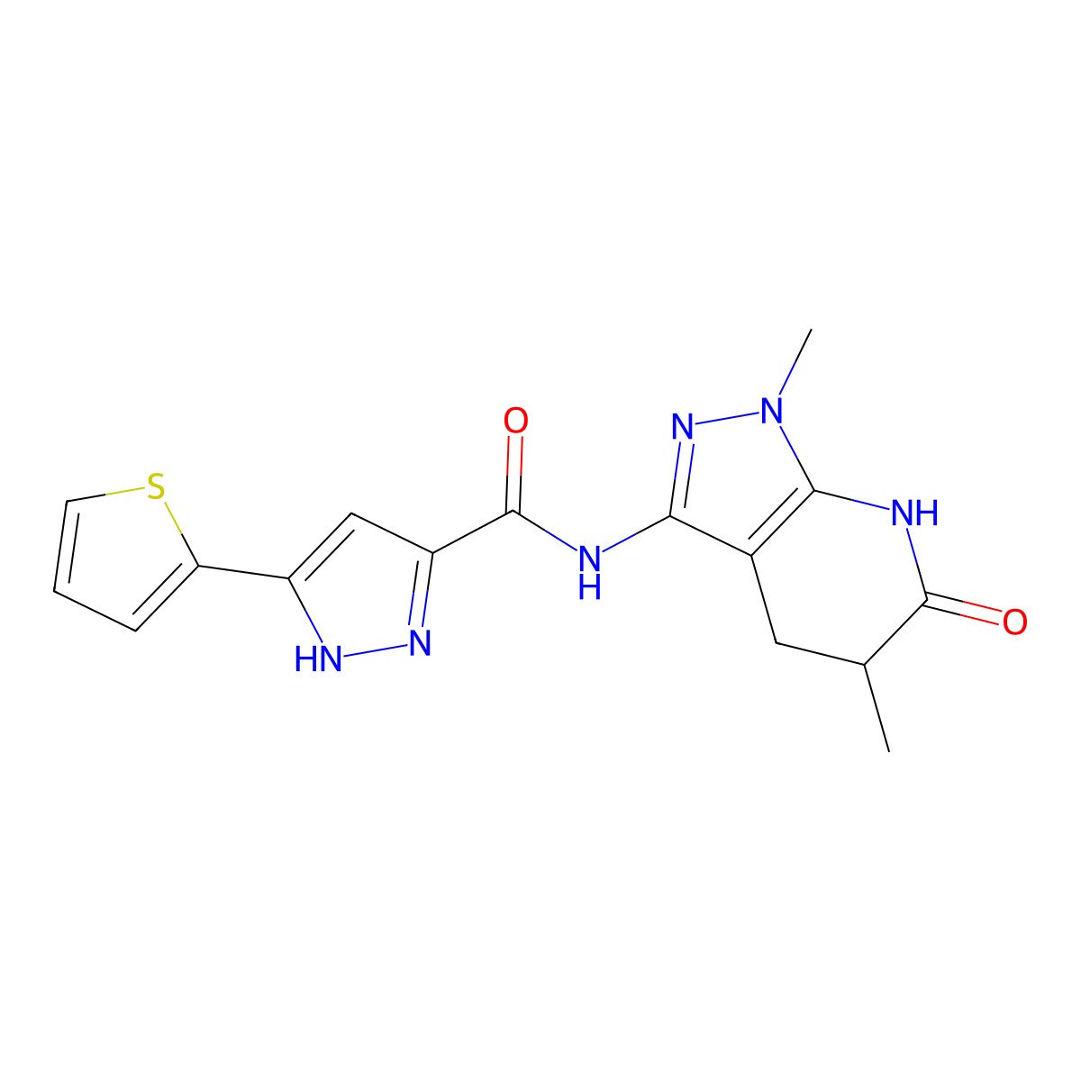 N-{1,5-dimethyl-6-oxo-1H,4H,5H,6H,7H-pyrazolo[3,4-b]pyridin-3-yl}-3-(thiophen-2-yl)-1H-pyrazole-5-carboxamide molecular structure, CAS 1298053-59-4