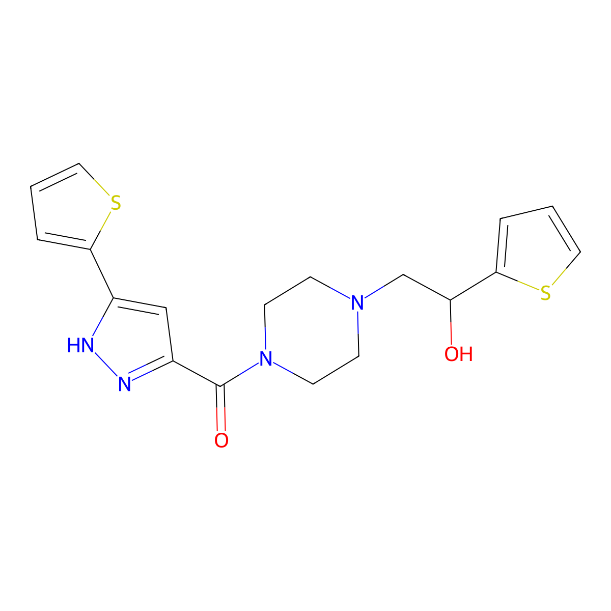 (4-(2-hydroxy-2-(thiophen-2-yl)ethyl)piperazin-1-yl)(3-(thiophen-2-yl)-1H-pyrazol-5-yl)methanone molecular structure, CAS 1298055-51-2
