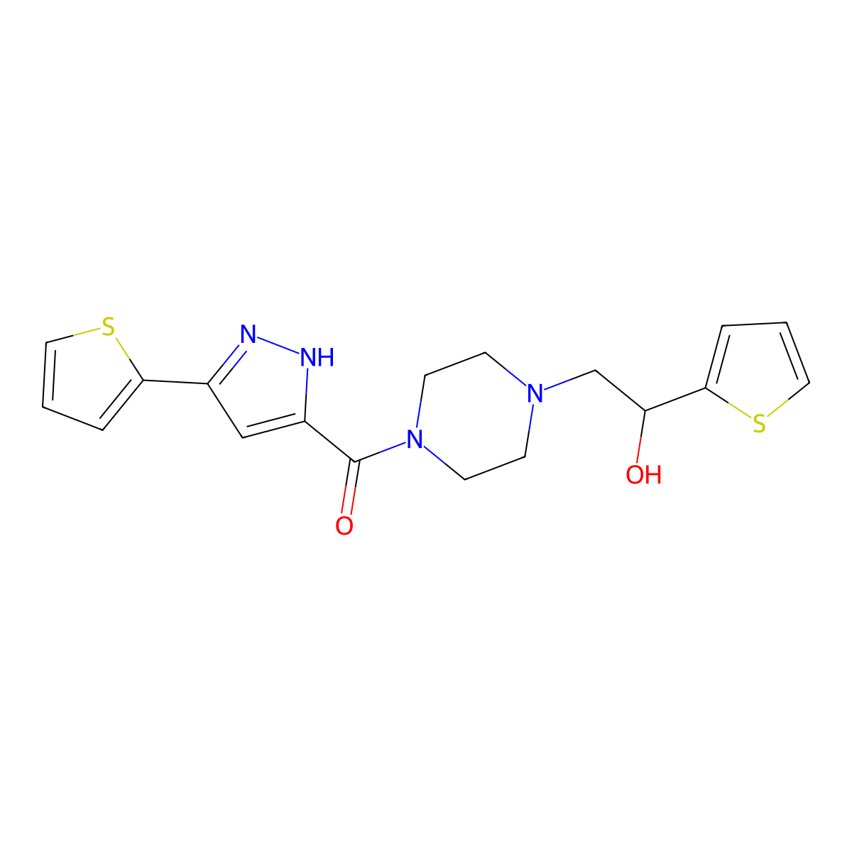(4-(2-hydroxy-2-(thiophen-2-yl)ethyl)piperazin-1-yl)(3-(thiophen-2-yl)-1H-pyrazol-5-yl)methanone molecular structure, CAS 1298055-51-2