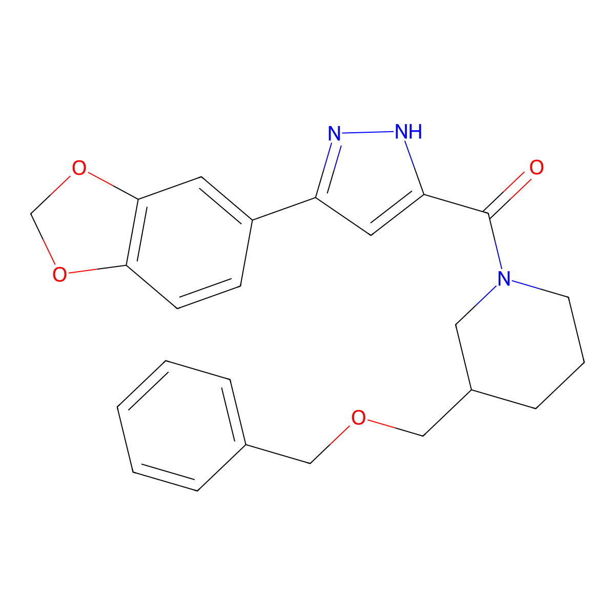 (3-(benzo[d][1,3]dioxol-5-yl)-1H-pyrazol-5-yl)(3-((benzyloxy)methyl)piperidin-1-yl)methanone molecular structure, CAS 1298055-54-5