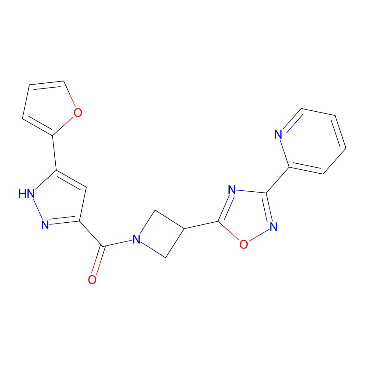 (3-(furan-2-yl)-1H-pyrazol-5-yl)(3-(3-(pyridin-2-yl)-1,2,4-oxadiazol-5-yl)azetidin-1-yl)methanone molecular structure, CAS 1298055-55-6