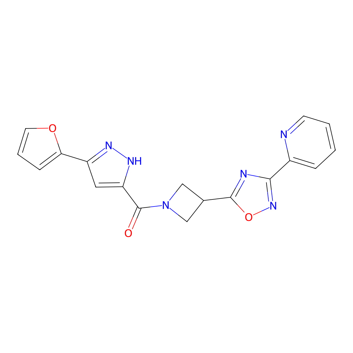 (3-(furan-2-yl)-1H-pyrazol-5-yl)(3-(3-(pyridin-2-yl)-1,2,4-oxadiazol-5-yl)azetidin-1-yl)methanone molecular structure, CAS 1298055-55-6
