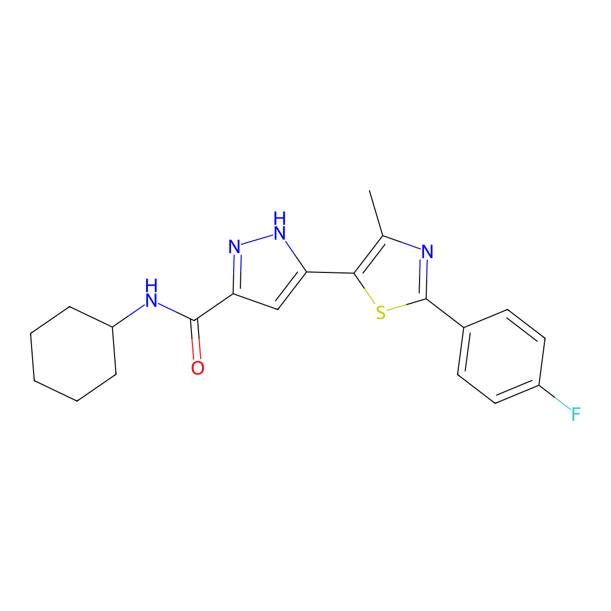 N-cyclohexyl-3-(2-(4-fluorophenyl)-4-methylthiazol-5-yl)-1H-pyrazole-5-carboxamide molecular structure, CAS 1298061-54-7