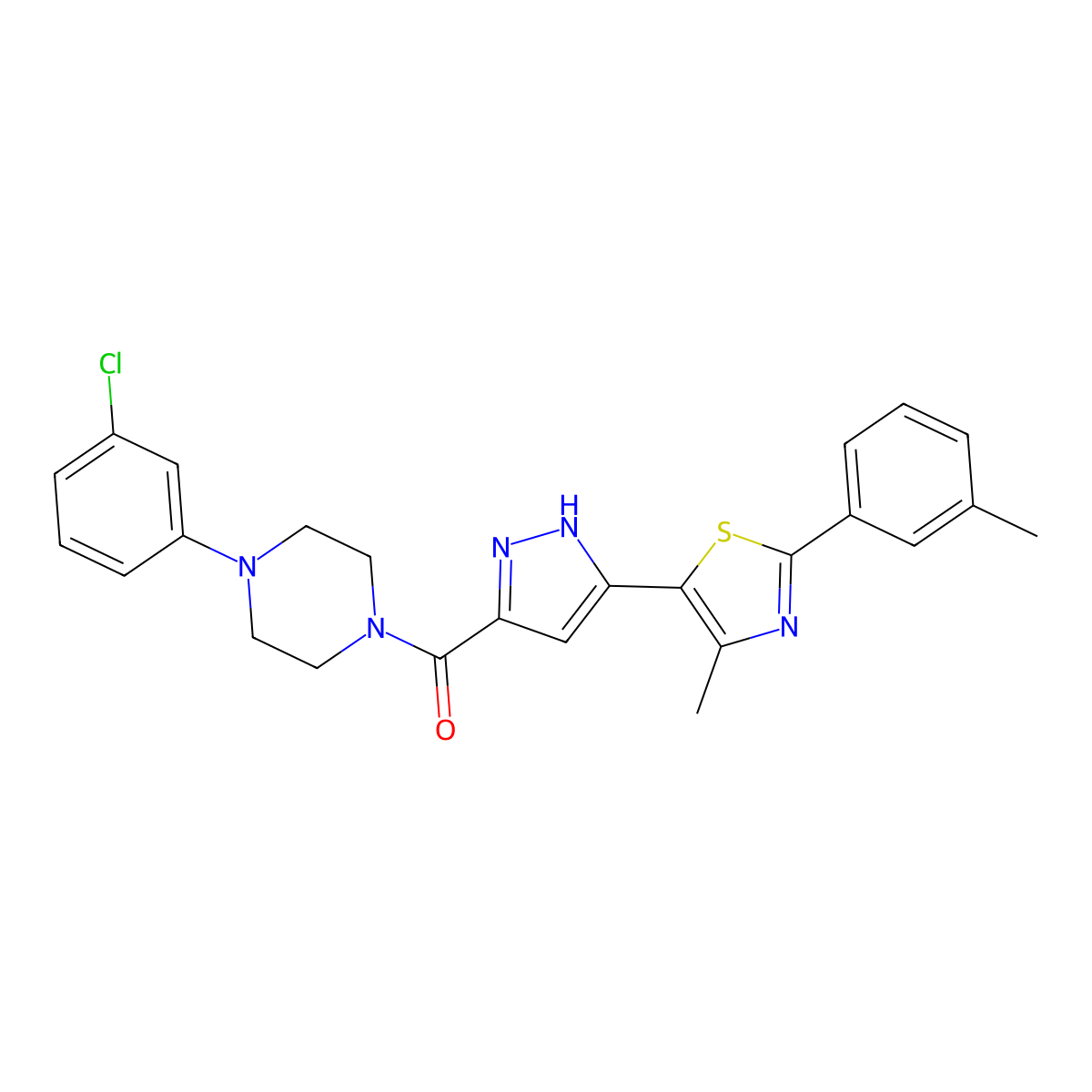 (4-(3-chlorophenyl)piperazin-1-yl)(3-(4-methyl-2-(m-tolyl)thiazol-5-yl)-1H-pyrazol-5-yl)methanone molecular structure, CAS 1298061-64-9