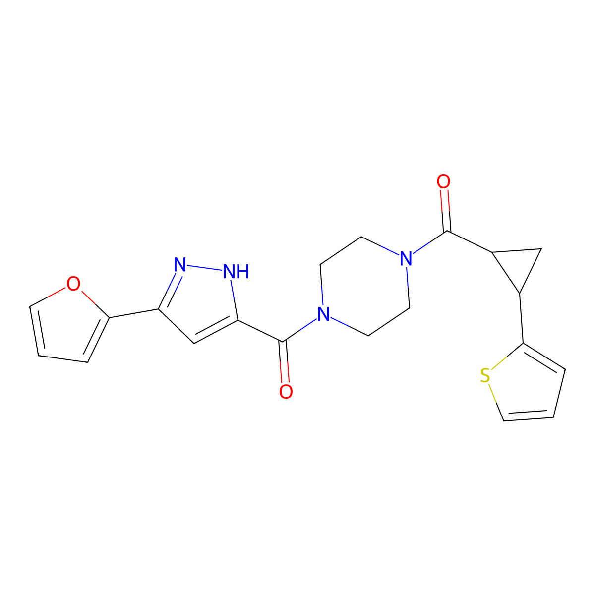 (3-(furan-2-yl)-1H-pyrazol-5-yl)(4-(2-(thiophen-2-yl)cyclopropanecarbonyl)piperazin-1-yl)methanone molecular structure, CAS 1298062-00-6