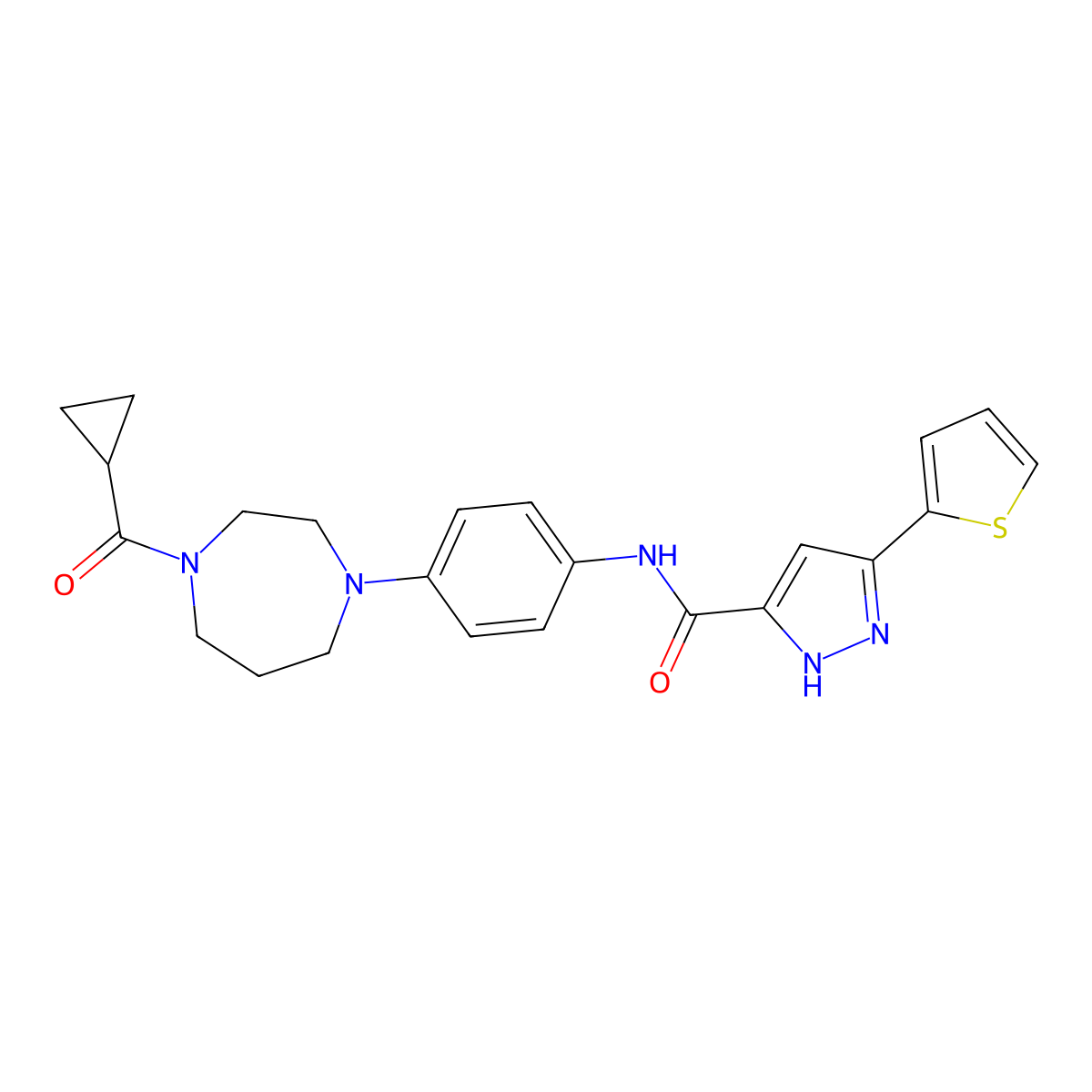 N-(4-(4-(cyclopropanecarbonyl)-1,4-diazepan-1-yl)phenyl)-3-(thiophen-2-yl)-1H-pyrazole-5-carboxamide molecular structure, CAS 1298062-13-1
