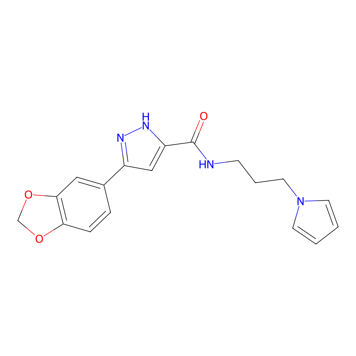 N-(3-(1H-pyrrol-1-yl)propyl)-3-(benzo[d][1,3]dioxol-5-yl)-1H-pyrazole-5-carboxamide molecular structure, CAS 1298062-25-5