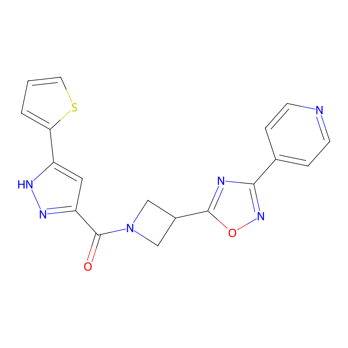 (3-(3-(pyridin-4-yl)-1,2,4-oxadiazol-5-yl)azetidin-1-yl)(3-(thiophen-2-yl)-1H-pyrazol-5-yl)methanone molecular structure, CAS 1298062-27-7