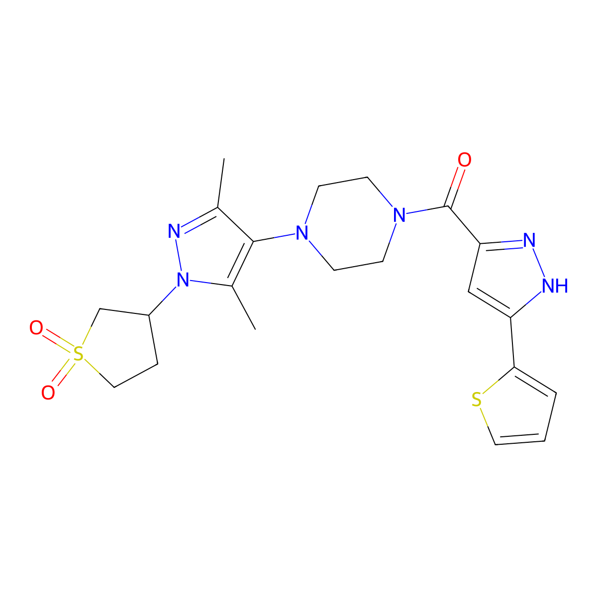 (4-(1-(1,1-dioxidotetrahydrothiophen-3-yl)-3,5-dimethyl-1H-pyrazol-4-yl)piperazin-1-yl)(3-(thiophen-2-yl)-1H-pyrazol-5-yl)methanone molecular structure, CAS 1298062-28-8