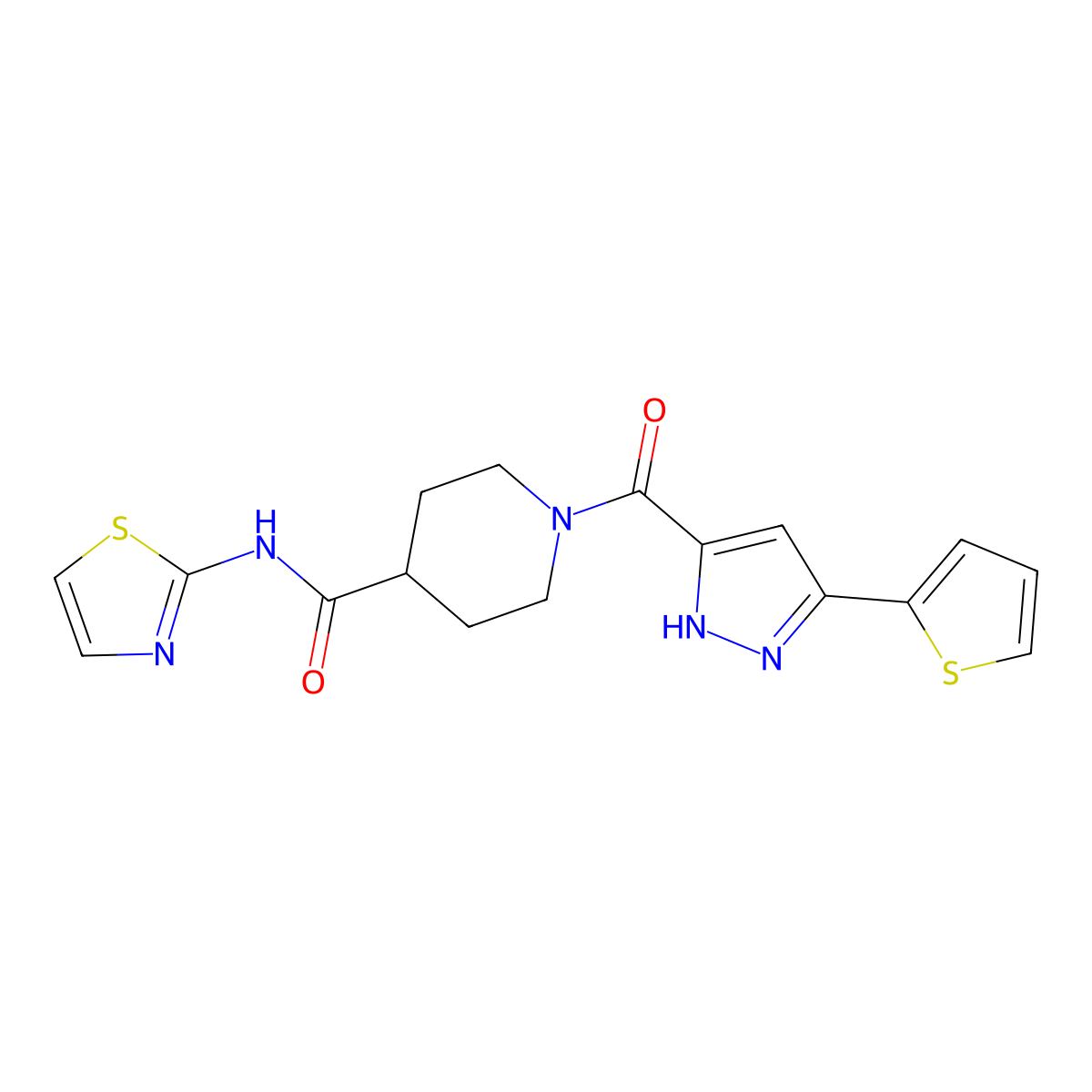 N-(thiazol-2-yl)-1-(3-(thiophen-2-yl)-1H-pyrazole-5-carbonyl)piperidine-4-carboxamide molecular structure, CAS 1298062-42-6