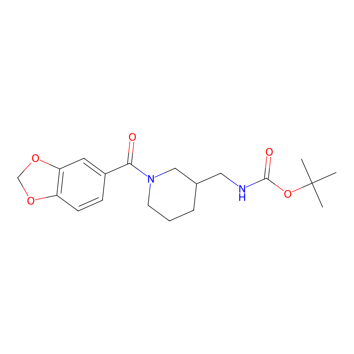 Tert-butyl ((1-(benzo[d][1,3]dioxole-5-carbonyl)piperidin-3-yl)methyl)carbamate molecular structure, CAS 1298942-26-3
