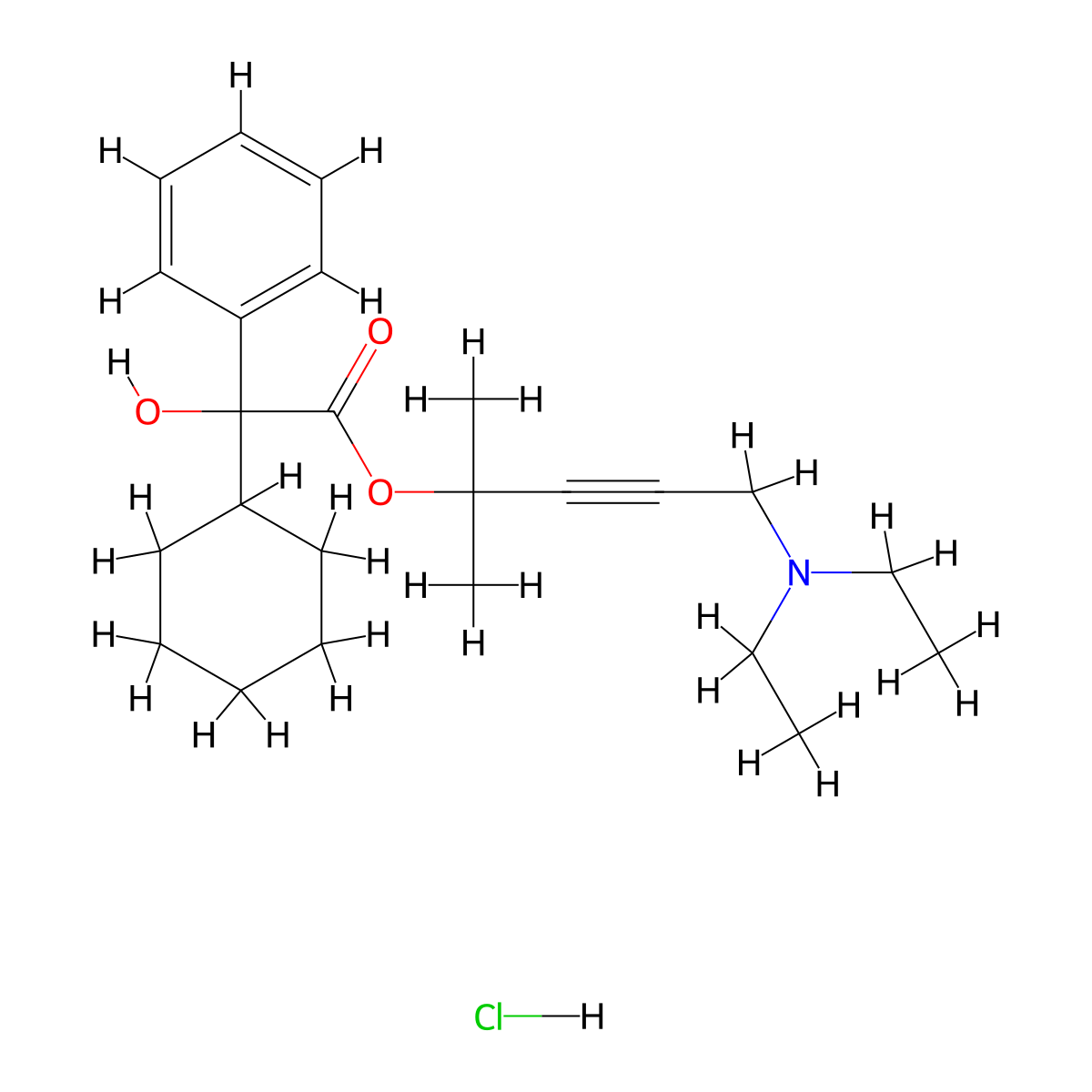 Benzeneacetic acid, alpha-cyclohexyl-alpha-hydroxy-, 4-(diethylamino)-1,1-dimethyl-2-butyn-1-yl ester, hydrochloride (1:1) molecular structure, CAS 129927-33-9