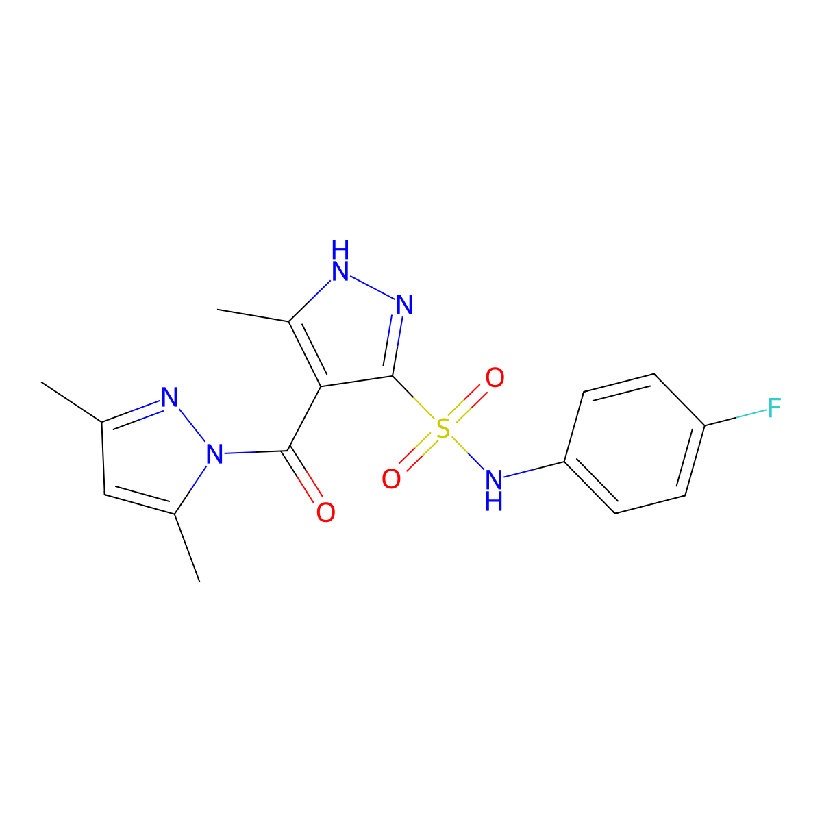 4-[(3,5-dimethyl-1H-pyrazol-1-yl)carbonyl]-N-(4-fluorophenyl)-5-methyl-1H-pyrazole-3-sulfonamide molecular structure, CAS 1299471-93-4