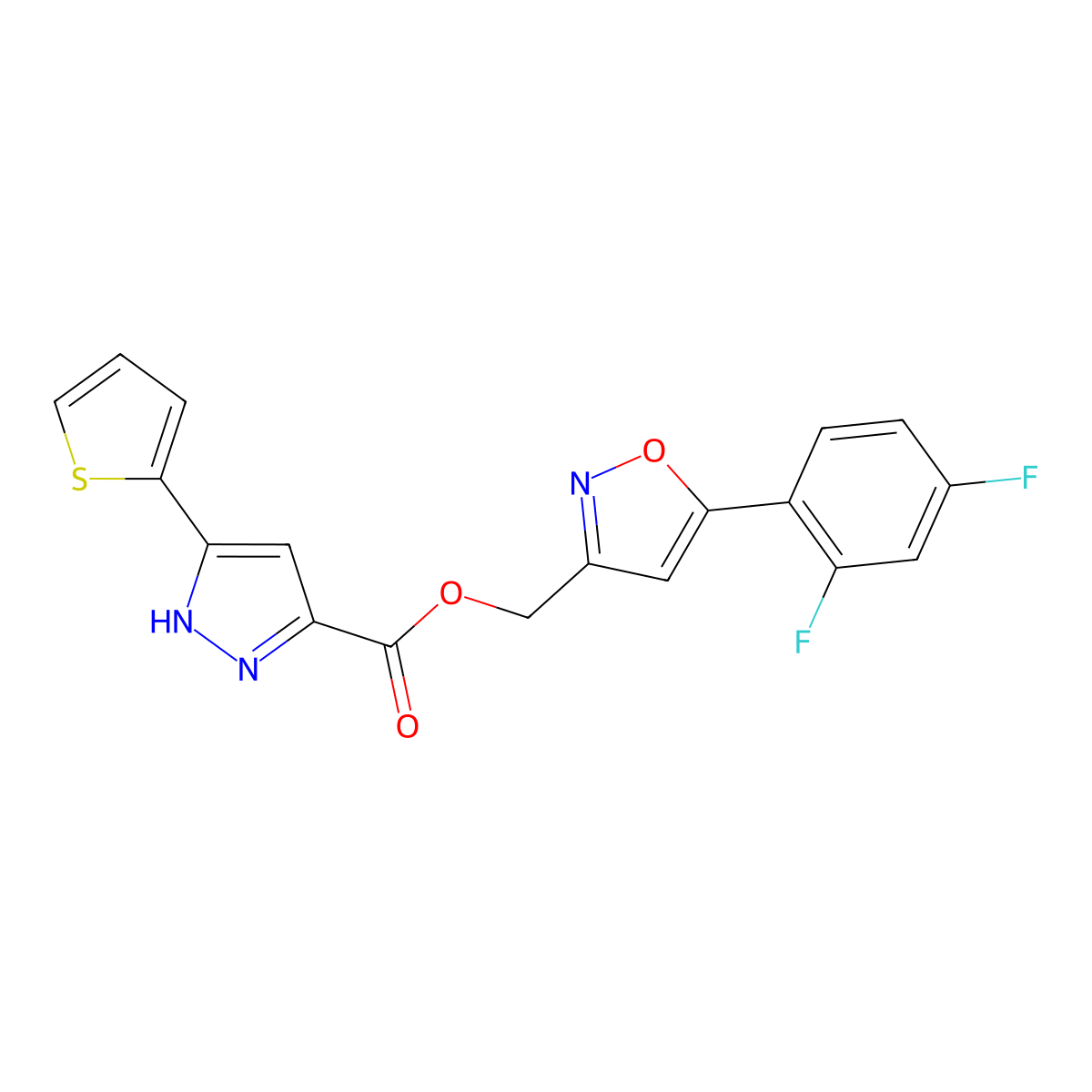 (5-(2,4-difluorophenyl)isoxazol-3-yl)methyl 3-(thiophen-2-yl)-1H-pyrazole-5-carboxylate molecular structure, CAS 1299484-73-3