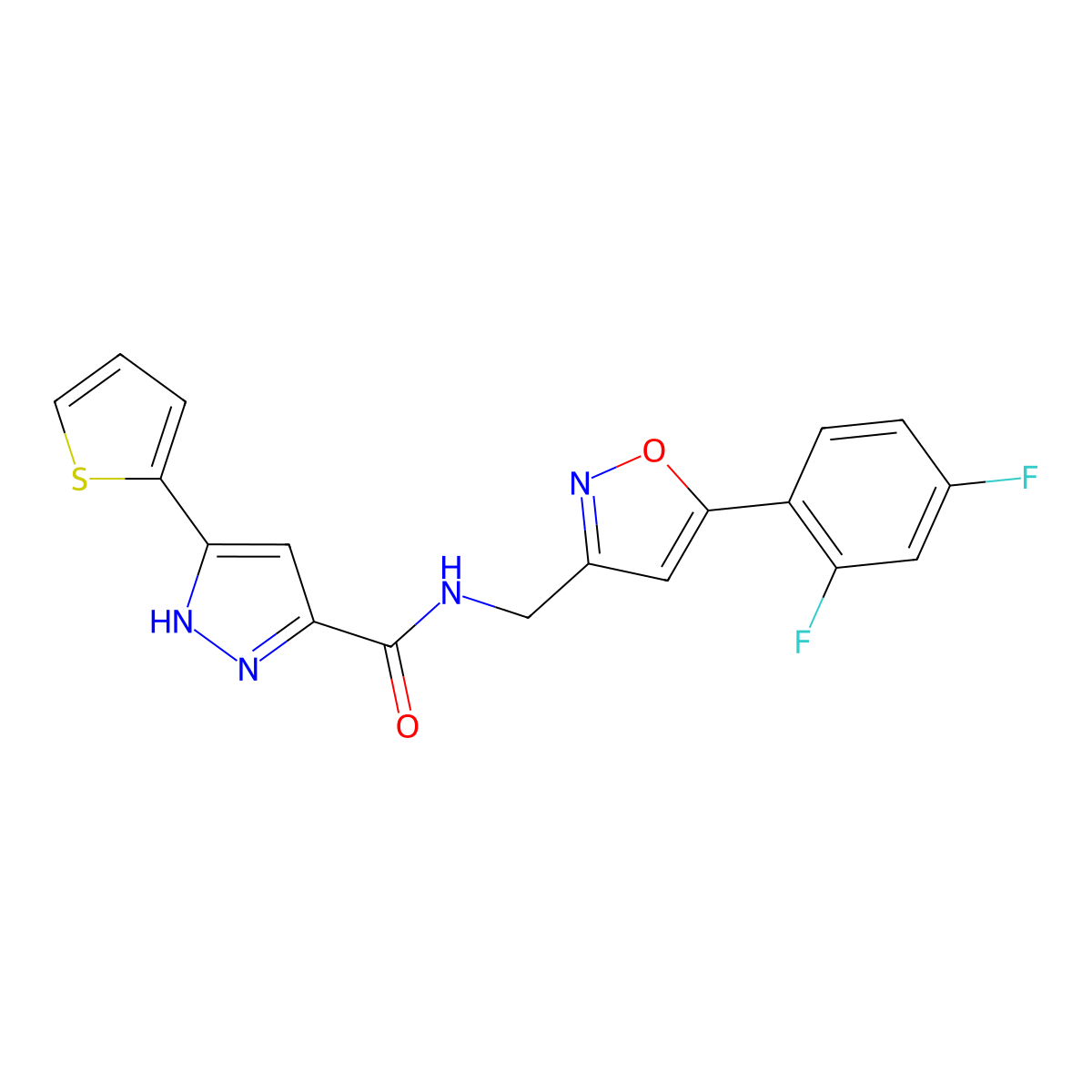 N-((5-(2,4-difluorophenyl)isoxazol-3-yl)methyl)-3-(thiophen-2-yl)-1H-pyrazole-5-carboxamide molecular structure, CAS 1299485-77-0
