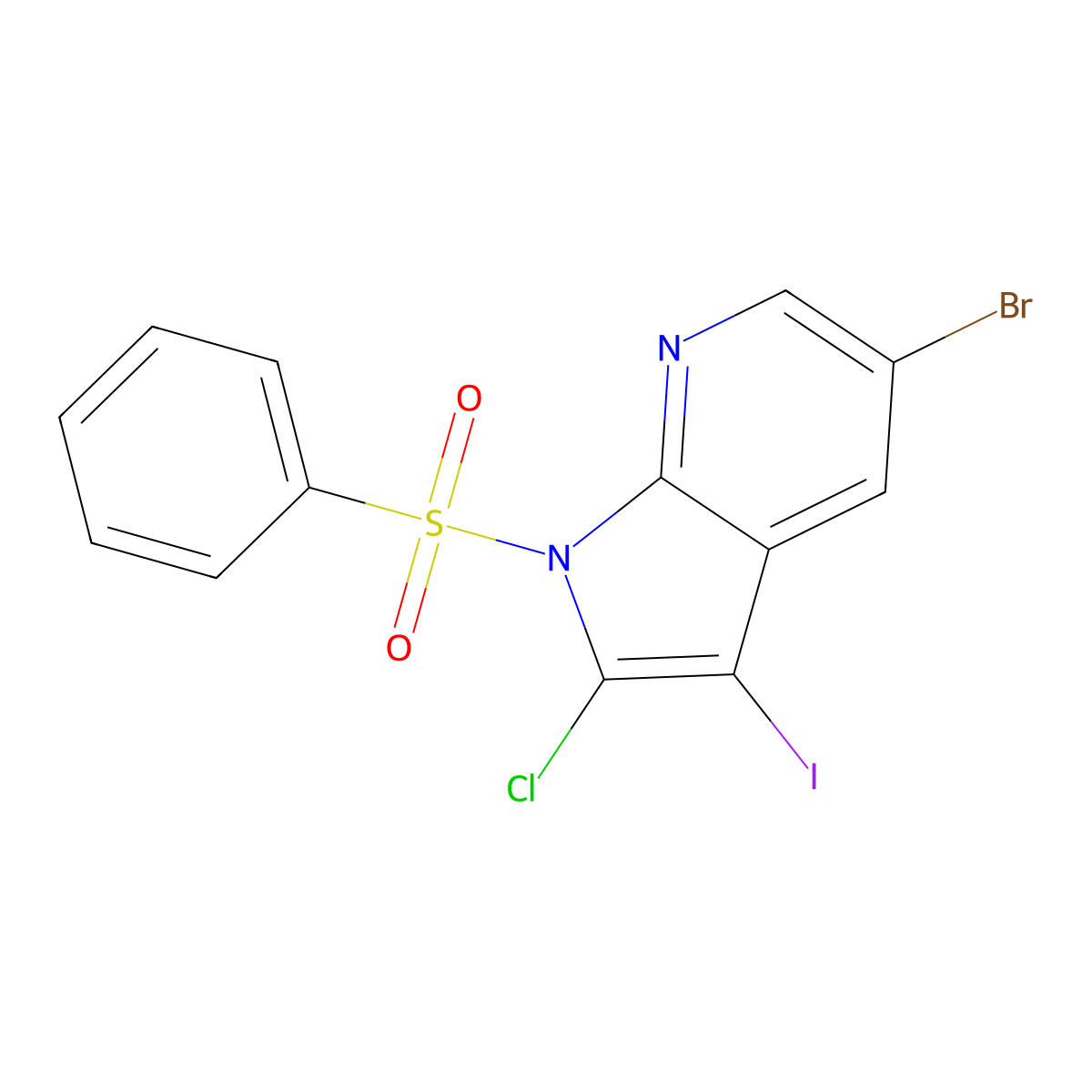 5-Bromo-2-chloro-3-iodo-1-(phenylsulfonyl)-1H-pyrrolo[2,3-b]pyridine molecular structure, CAS 1299607-46-7