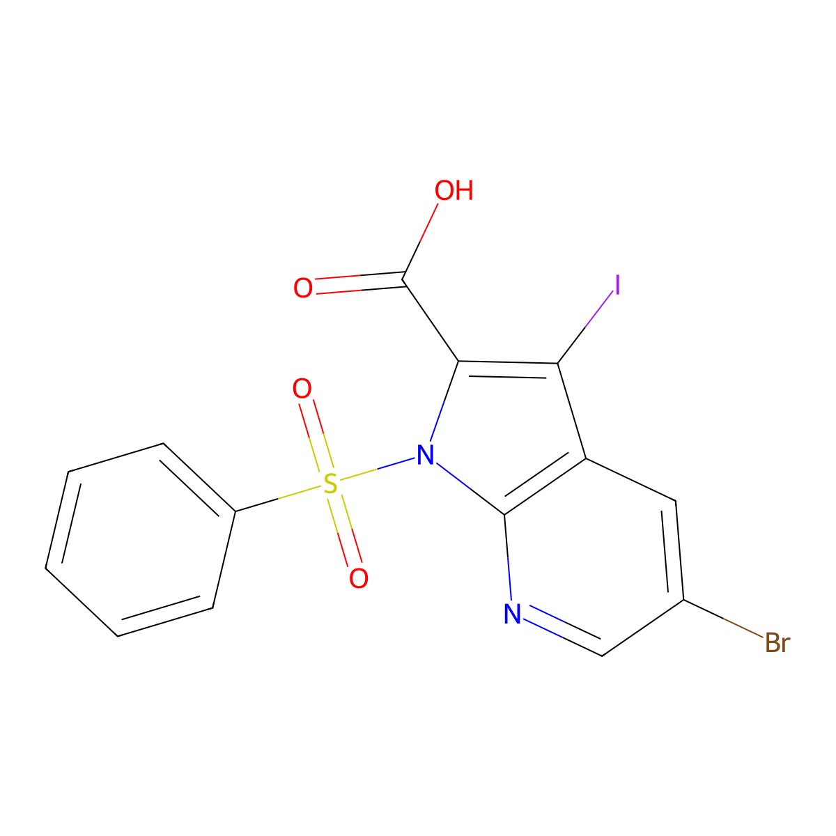 5-Bromo-3-iodo-1-(phenylsulfonyl)-1H-pyrrolo[2,3-b]pyridine-2-carboxylic acid molecular structure, CAS 1299607-75-2