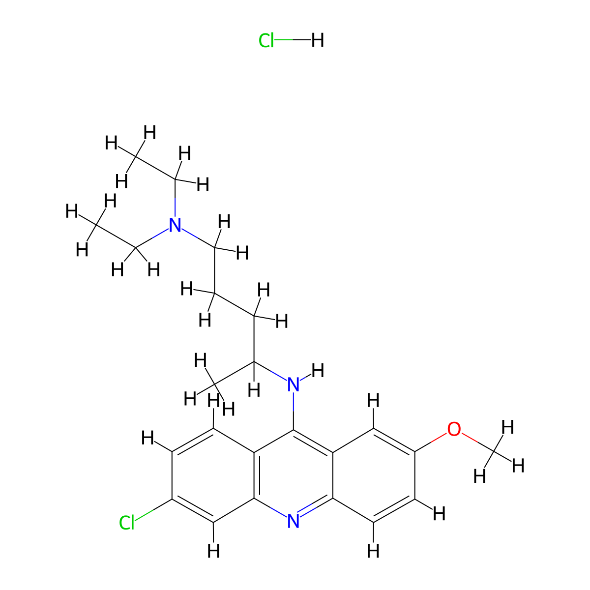 4-((6-Chloro-2-methoxyacridin-9(10H)-ylidene)amino)-N,N-diethylpentan-1-amine--hydrogen chloride (1/1) molecular structure, CAS 130-42-7