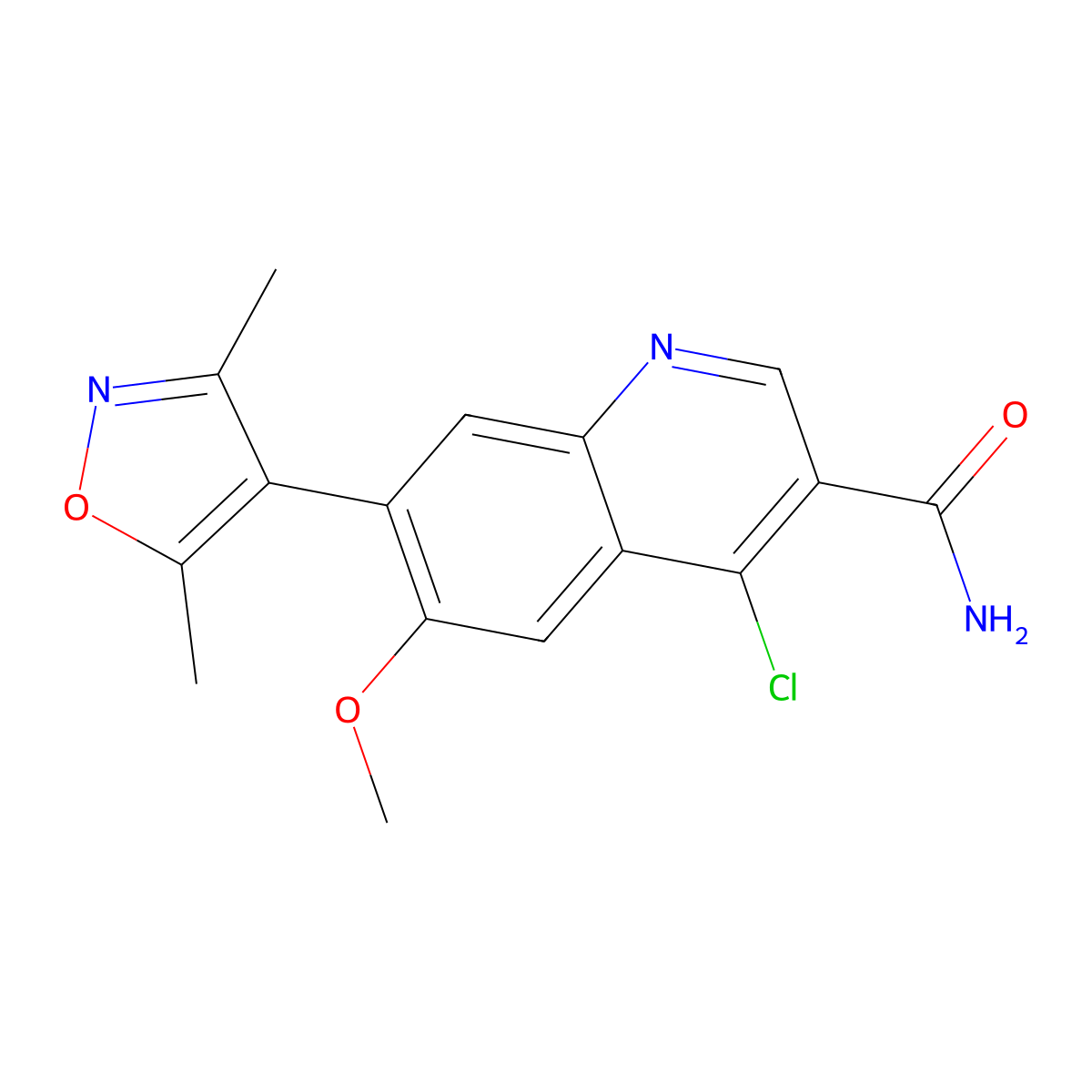 4-Chloro-7-(3,5-dimethylisoxazol-4-yl)-6-methoxyquinoline-3-carboxamide molecular structure, CAS 1300031-57-5
