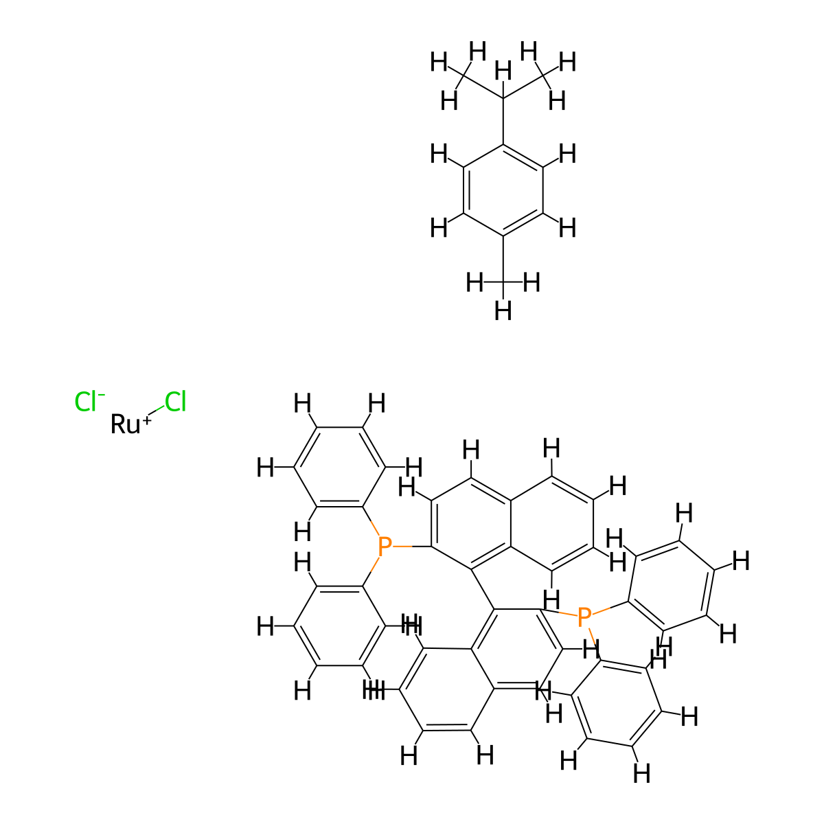 Chlororuthenium(1+);[1-(2-diphenylphosphanylnaphthalen-1-yl)naphthalen-2-yl]-diphenylphosphane;1-methyl-4-propan-2-ylbenzene;chloride molecular structure, CAS 130004-33-0