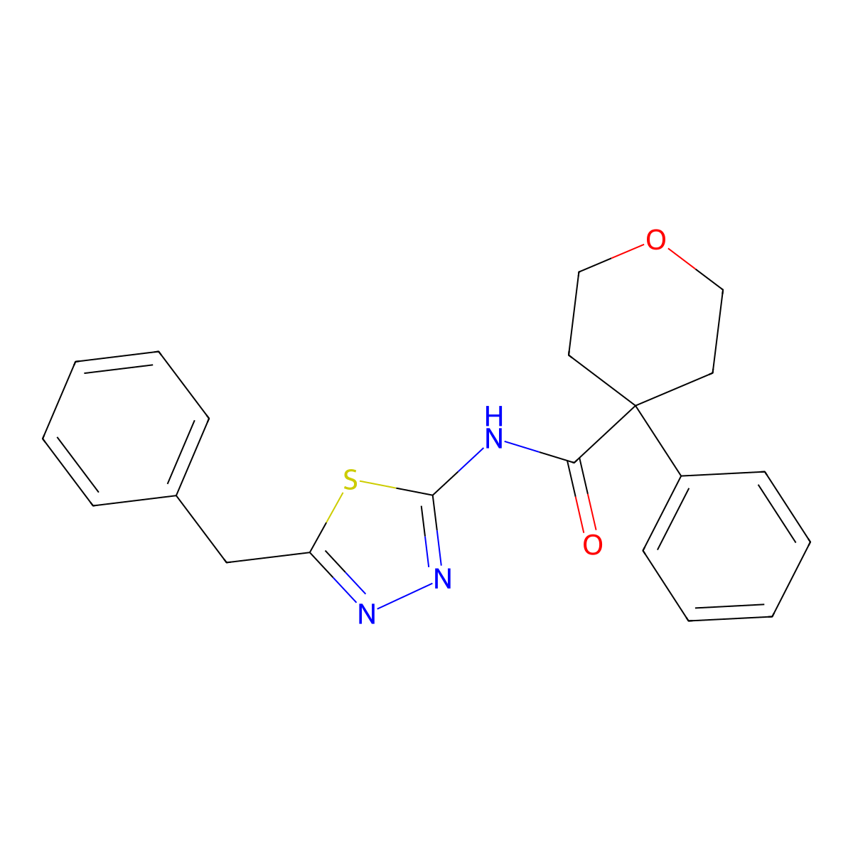 N-(5-benzyl-1,3,4-thiadiazol-2-yl)-4-phenyltetrahydro-2H-pyran-4-carboxamide molecular structure, CAS 1300325-34-1