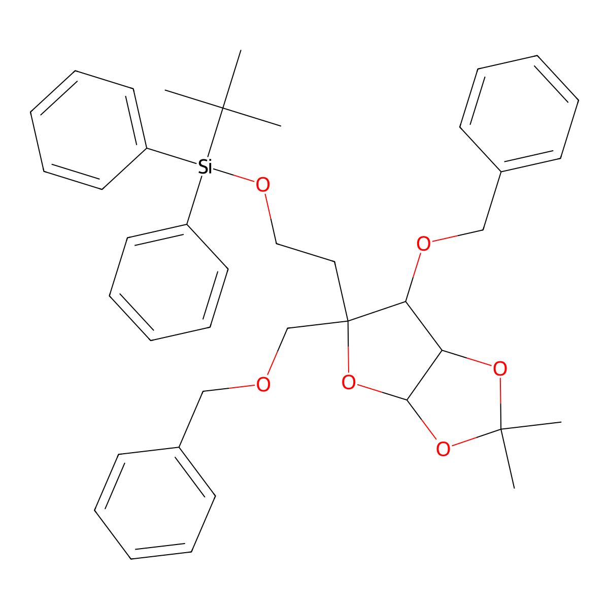 (2-((3aR,5R,6S,6aR)-6-(benzyloxy)-5-((benzyloxy)methyl)-2,2-dimethyltetrahydrofuro[2,3-d][1,3]dioxol-5-yl)ethoxy)(tert-butyl)diphenylsilane molecular structure, CAS 1300590-29-7