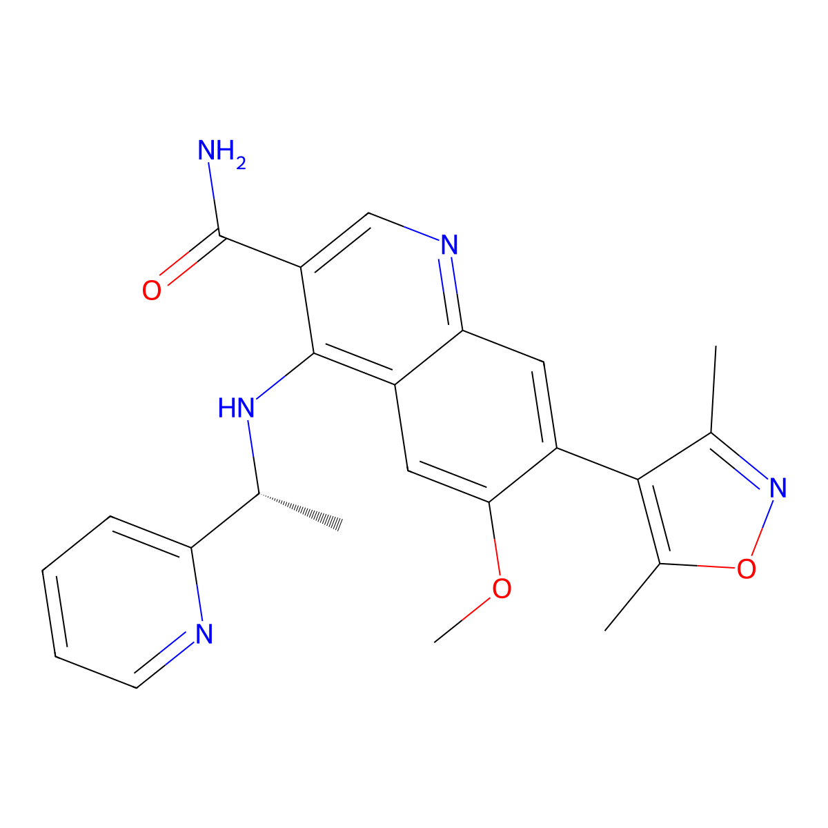 7-(3,5-Dimethylisoxazol-4-yl)-6-methoxy-4-(((R)-1-(pyridin-2-yl)ethyl)amino)quinoline-3-carboxamide molecular structure, CAS 1300737-69-2