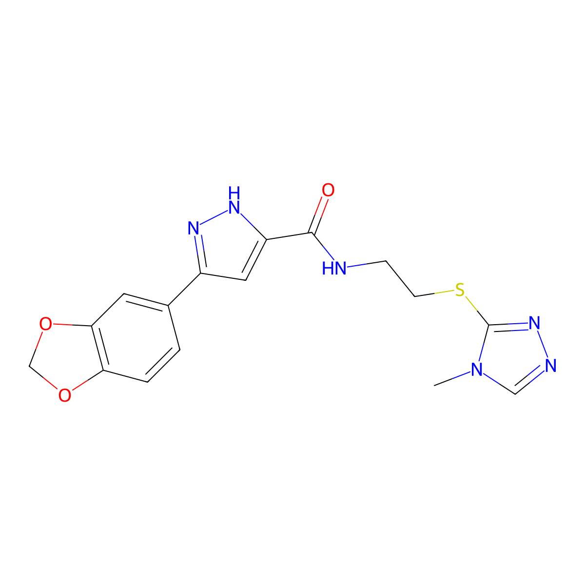 5-(benzo[d][1,3]dioxol-5-yl)-N-(2-((4-methyl-4H-1,2,4-triazol-3-yl)thio)ethyl)-1H-pyrazole-3-carboxamide molecular structure, CAS 1301766-68-6