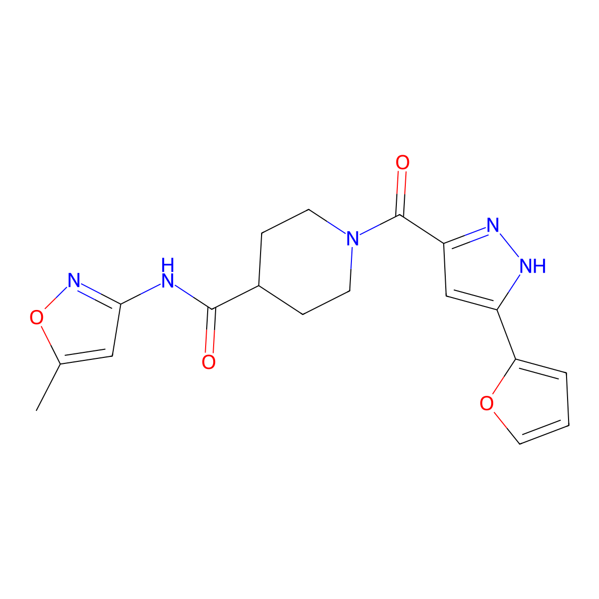 1-(3-(furan-2-yl)-1H-pyrazole-5-carbonyl)-N-(5-methylisoxazol-3-yl)piperidine-4-carboxamide molecular structure, CAS 1301766-76-6