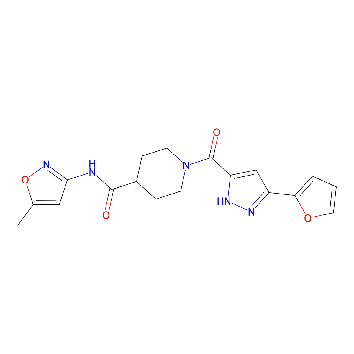 1-(3-(furan-2-yl)-1H-pyrazole-5-carbonyl)-N-(5-methylisoxazol-3-yl)piperidine-4-carboxamide molecular structure, CAS 1301766-76-6