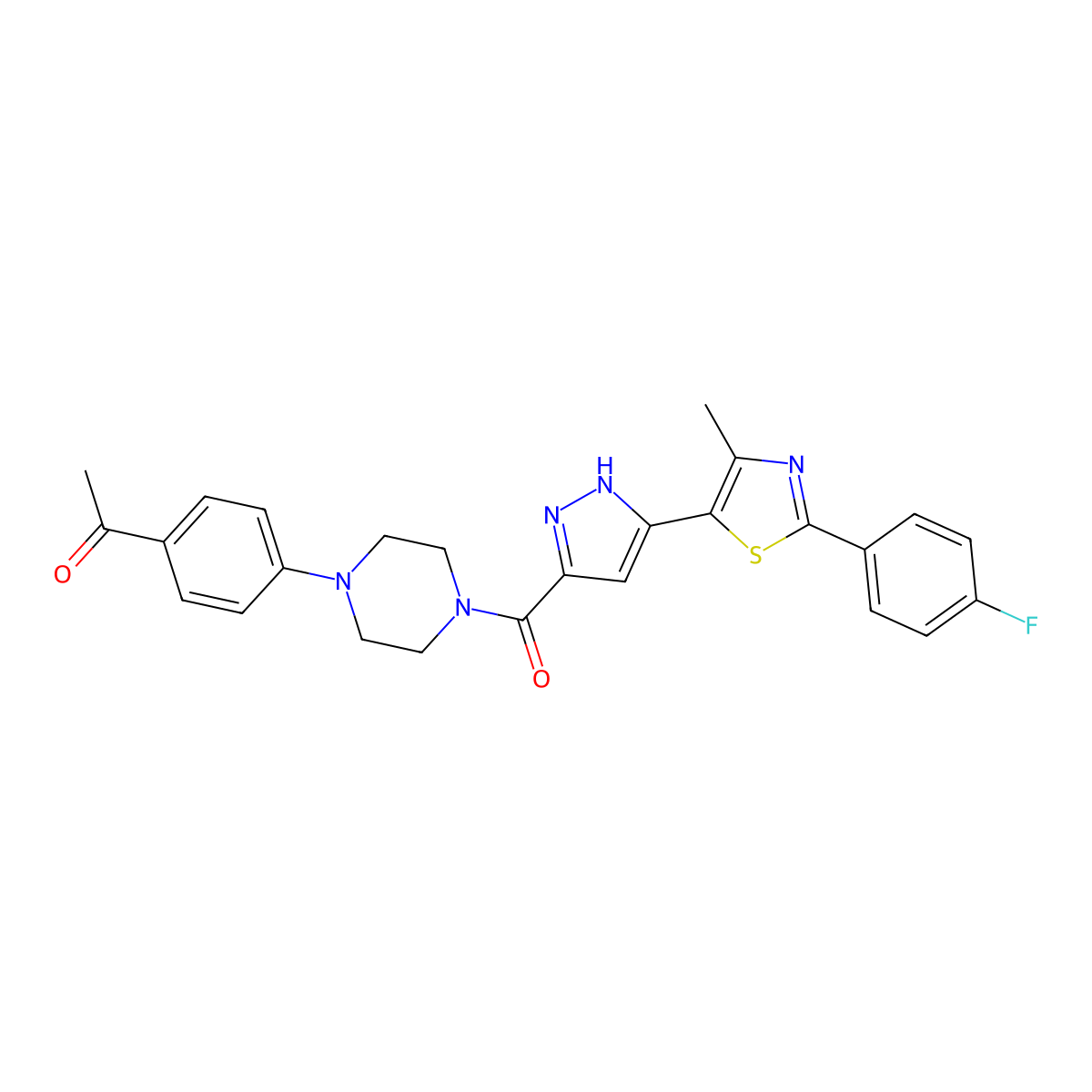 1-(4-(4-(3-(2-(4-fluorophenyl)-4-methylthiazol-5-yl)-1H-pyrazole-5-carbonyl)piperazin-1-yl)phenyl)ethanone molecular structure, CAS 1301767-43-0