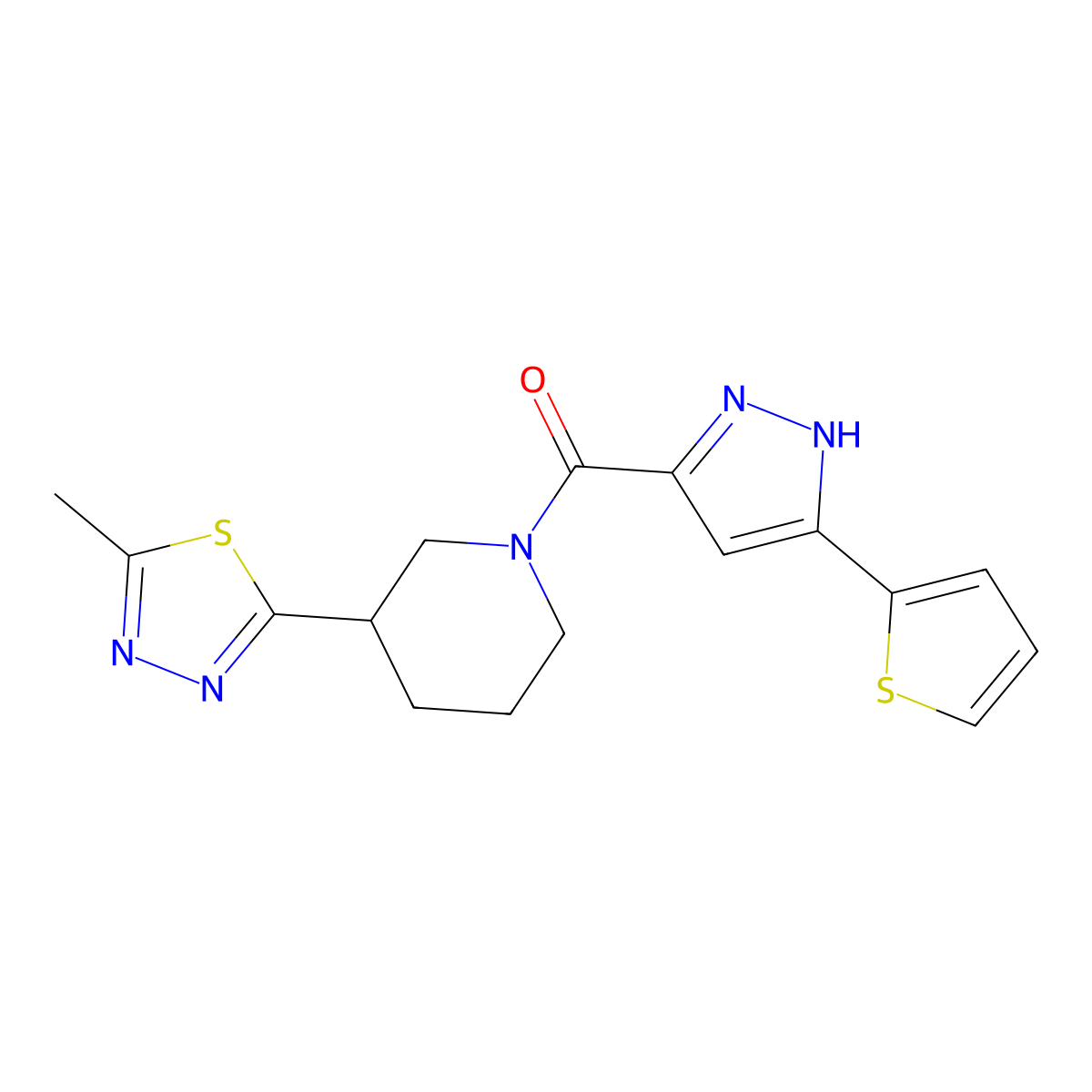 (3-(5-methyl-1,3,4-thiadiazol-2-yl)piperidin-1-yl)(3-(thiophen-2-yl)-1H-pyrazol-5-yl)methanone molecular structure, CAS 1301767-50-9