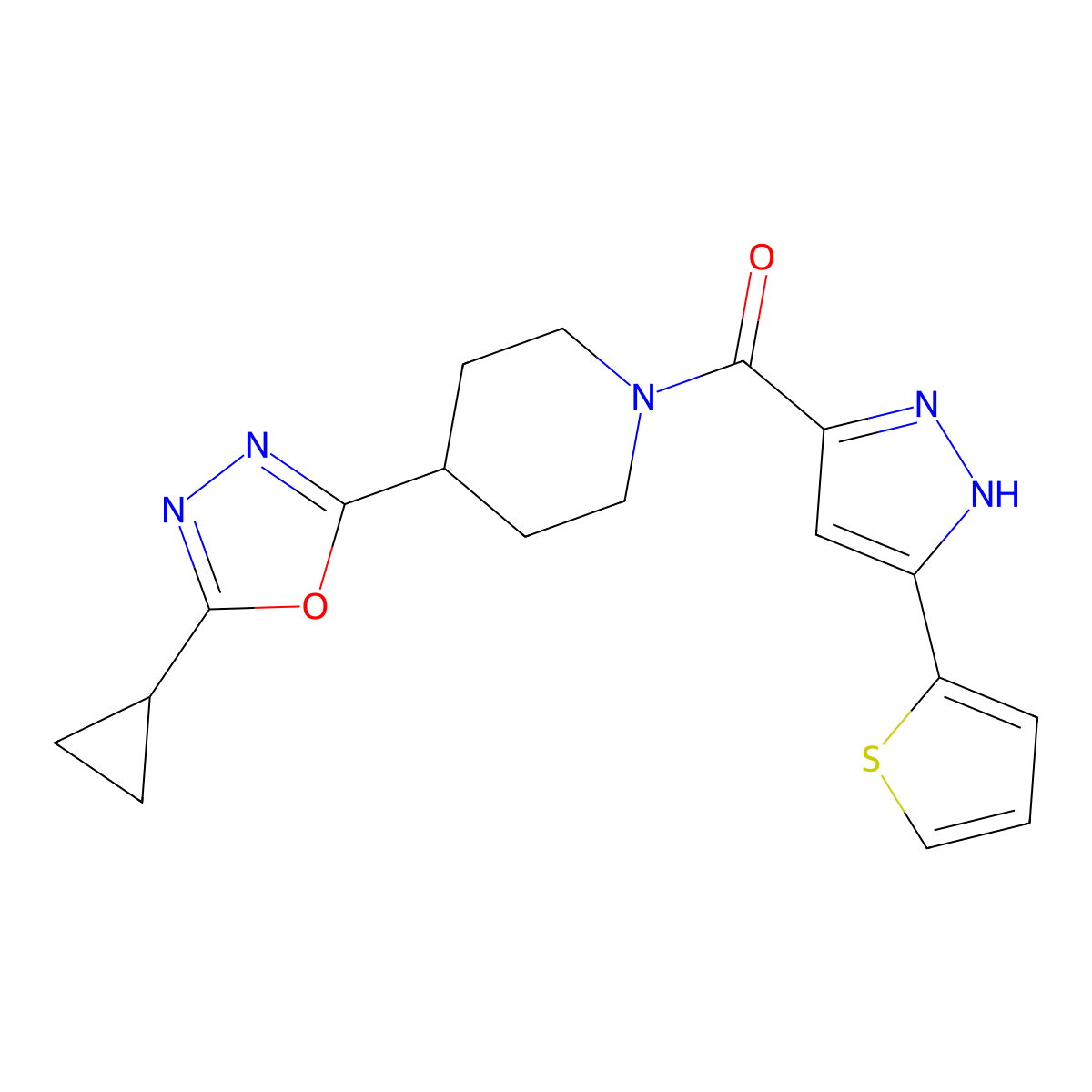 (4-(5-cyclopropyl-1,3,4-oxadiazol-2-yl)piperidin-1-yl)(3-(thiophen-2-yl)-1H-pyrazol-5-yl)methanone molecular structure, CAS 1301767-51-0