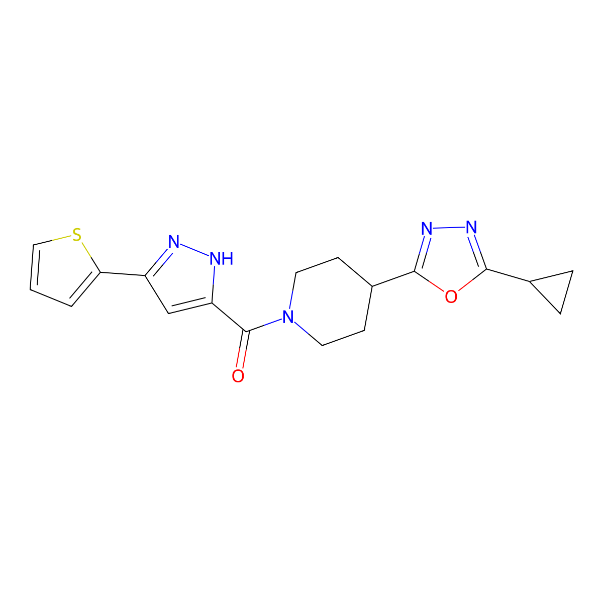 (4-(5-cyclopropyl-1,3,4-oxadiazol-2-yl)piperidin-1-yl)(3-(thiophen-2-yl)-1H-pyrazol-5-yl)methanone molecular structure, CAS 1301767-51-0