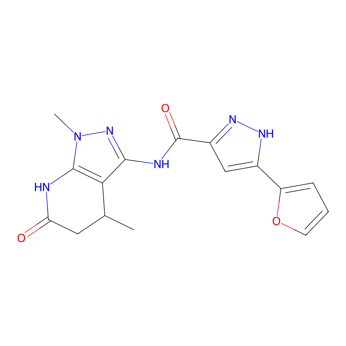 N-(1,4-dimethyl-6-oxo-4,5,6,7-tetrahydro-1H-pyrazolo[3,4-b]pyridin-3-yl)-3-(furan-2-yl)-1H-pyrazole-5-carboxamide molecular structure, CAS 1301767-52-1