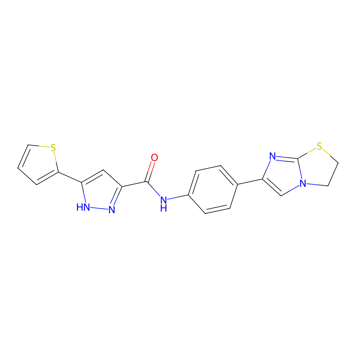 N-(4-(2,3-dihydroimidazo[2,1-b]thiazol-6-yl)phenyl)-3-(thiophen-2-yl)-1H-pyrazole-5-carboxamide molecular structure, CAS 1301767-54-3