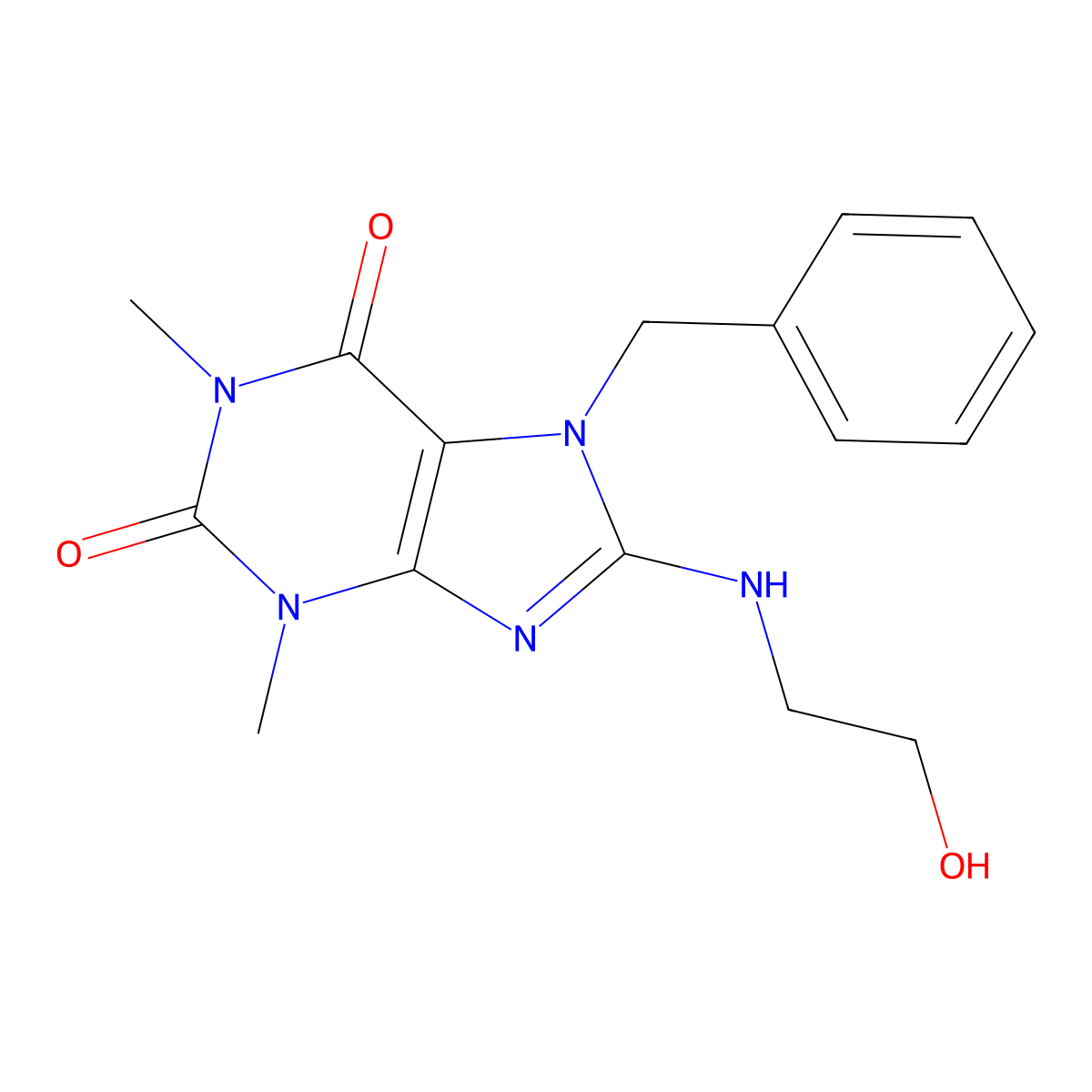 7-benzyl-8-[(2-hydroxyethyl)amino]-1,3-dimethyl-2,3,6,7-tetrahydro-1H-purine-2,6-dione molecular structure, CAS 130187-67-6