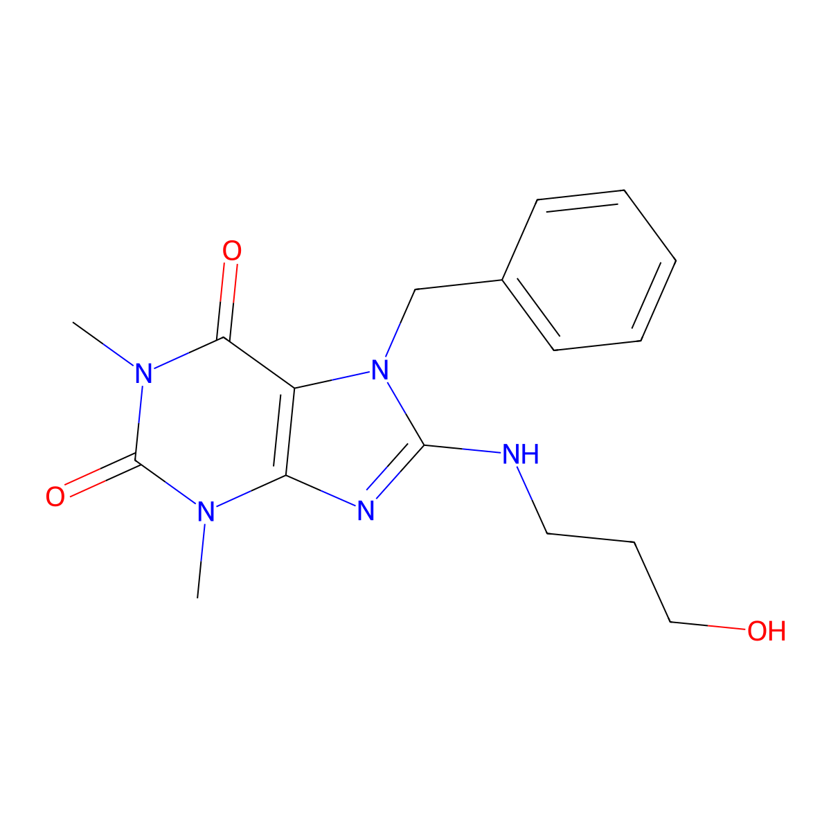 7-benzyl-8-((3-hydroxypropyl)amino)-1,3-dimethyl-1H-purine-2,6(3H,7H)-dione molecular structure, CAS 130187-69-8