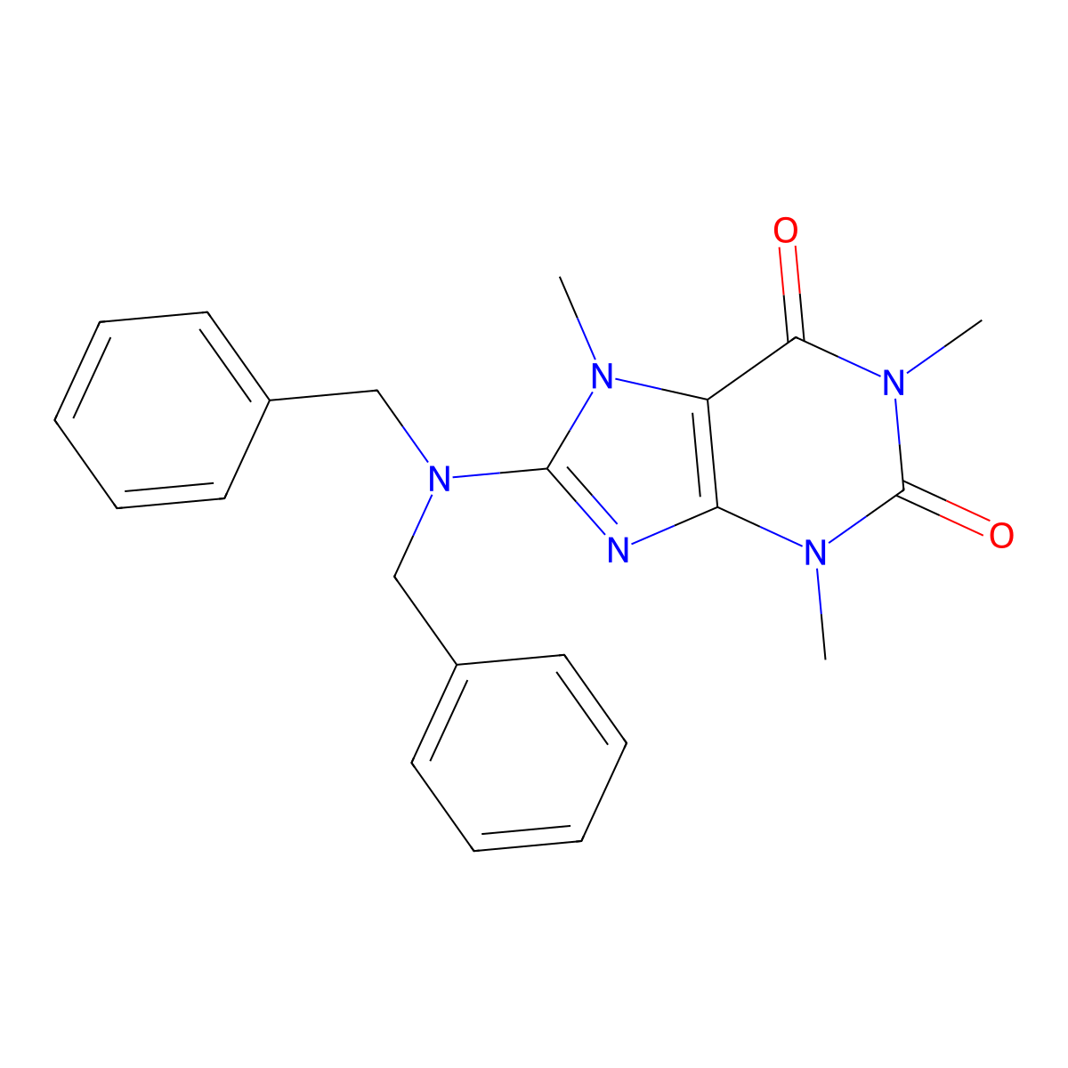 1H-Purine-2,6-dione, 3,7-dihydro-8-(bis(phenylmethyl)amino)-1,3,7-trimethyl- molecular structure, CAS 130216-53-4