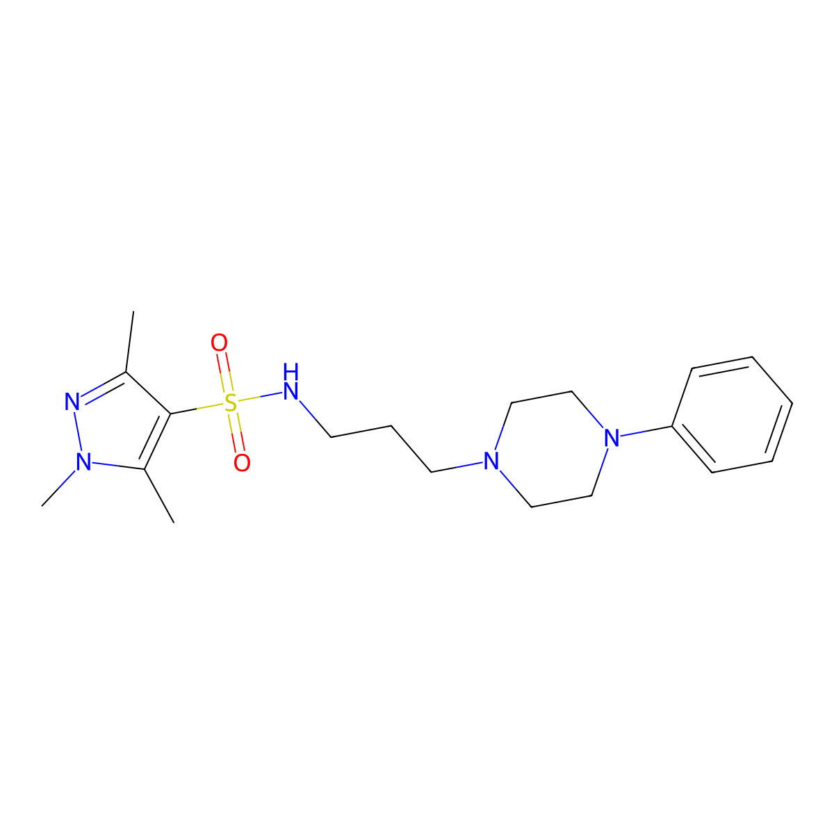 1,3,5-trimethyl-N-[3-(4-phenylpiperazin-1-yl)propyl]-1H-pyrazole-4-sulfonamide molecular structure, CAS 1302299-77-9