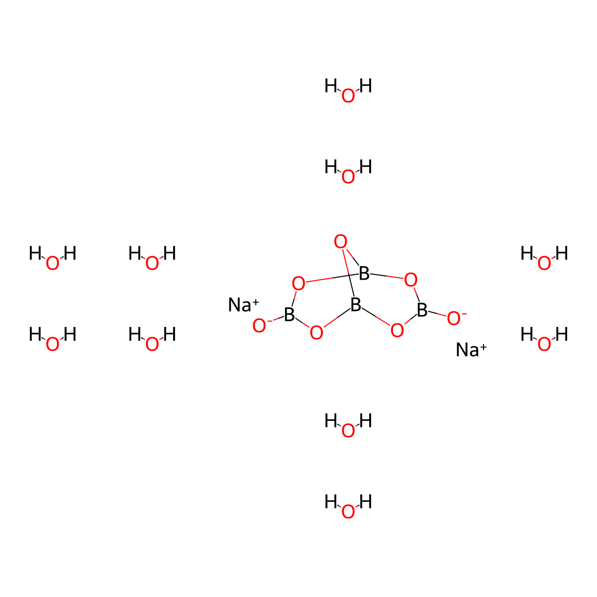 Borax (B4Na2O7.10H2O) molecular structure, CAS 1303-96-4