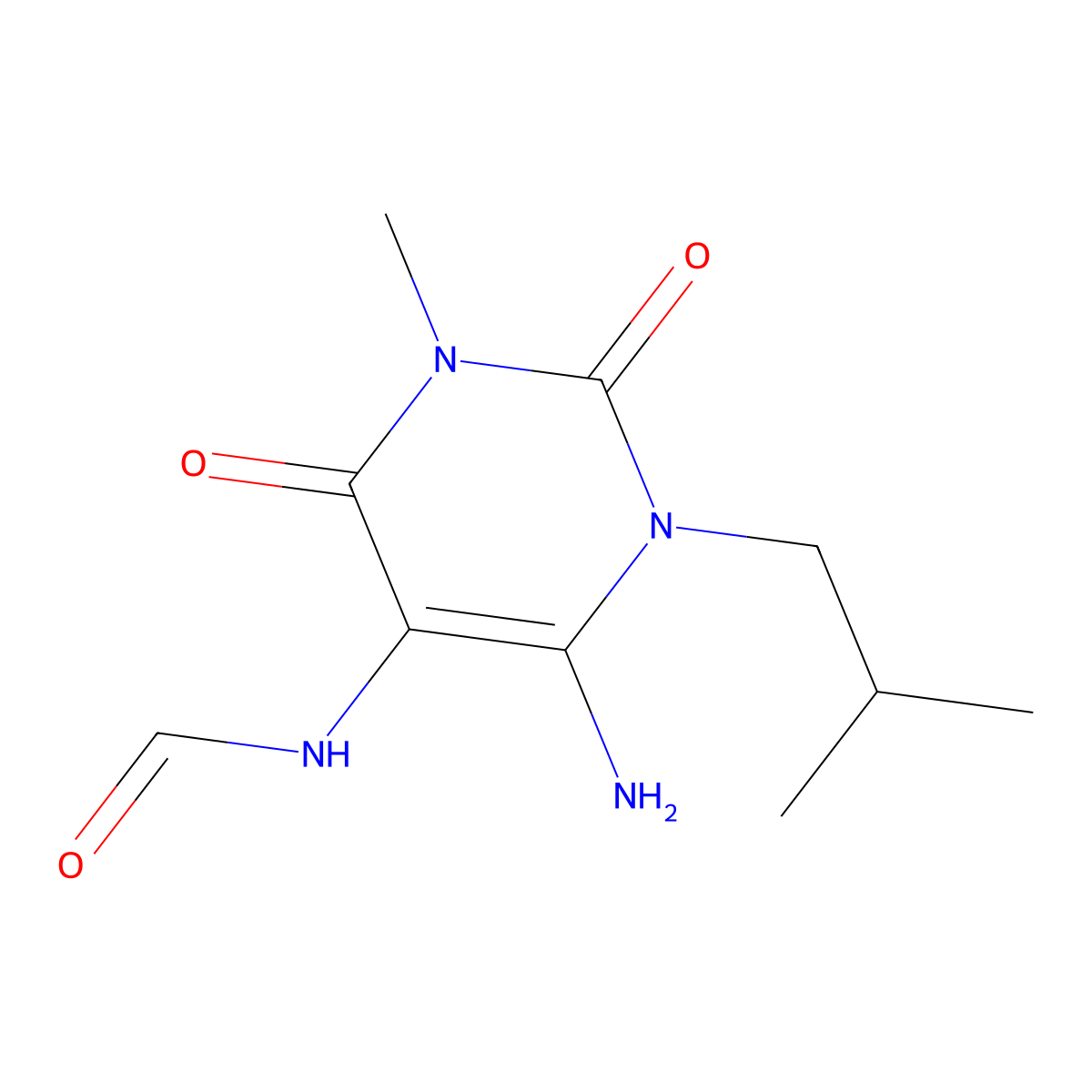 4-Amino-5-formylamino-3-isobutyl-1-methylpyrimidine-2,6-dione molecular structure, CAS 130332-59-1